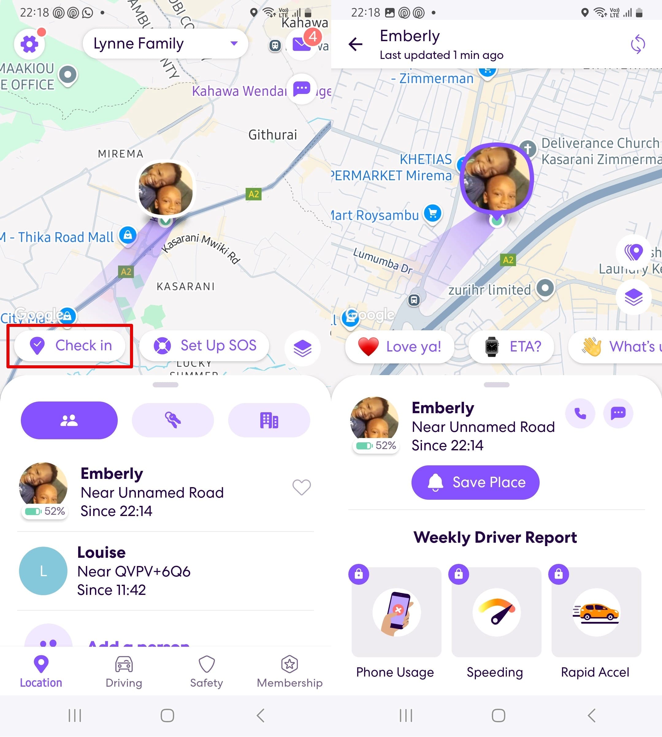 Life360 showing a circle member’s location on a map.