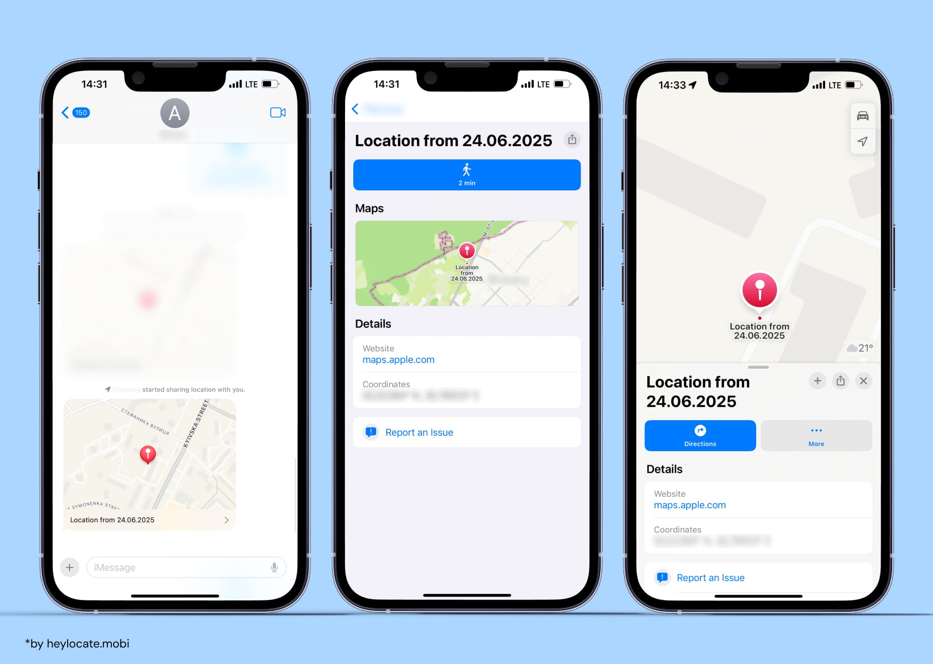 Display location in iMessage with map preview including date, location coordinates and related website.