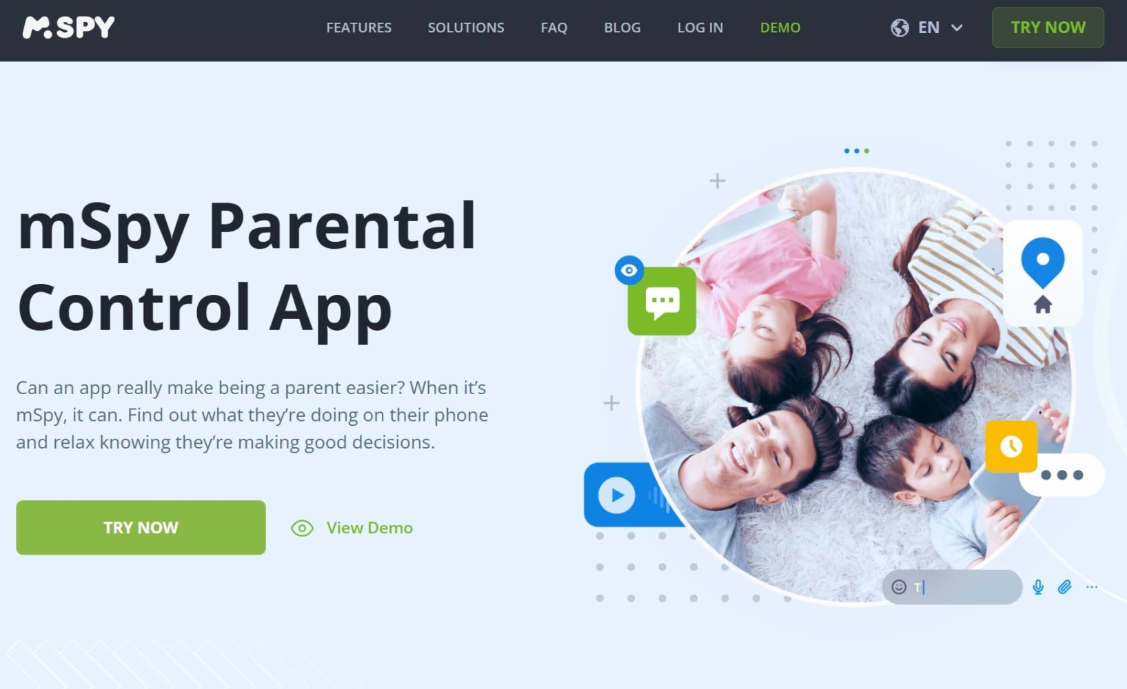 mSpy homepage showing a parental control app.