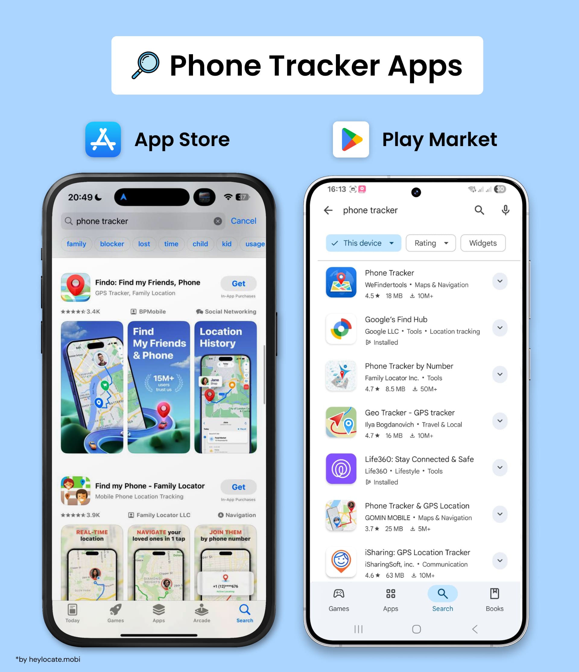 Type ‘Phone tracker’ in the search field of App Store or Google Play and choose the best one.