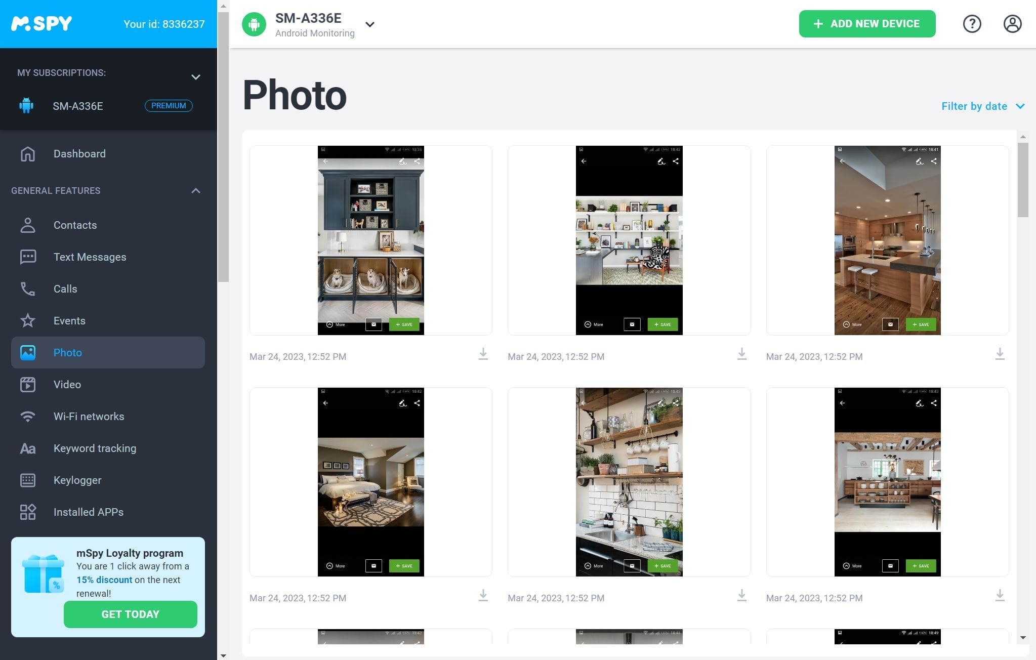 mSpy shows photos with date and time stored in the target device gallery.