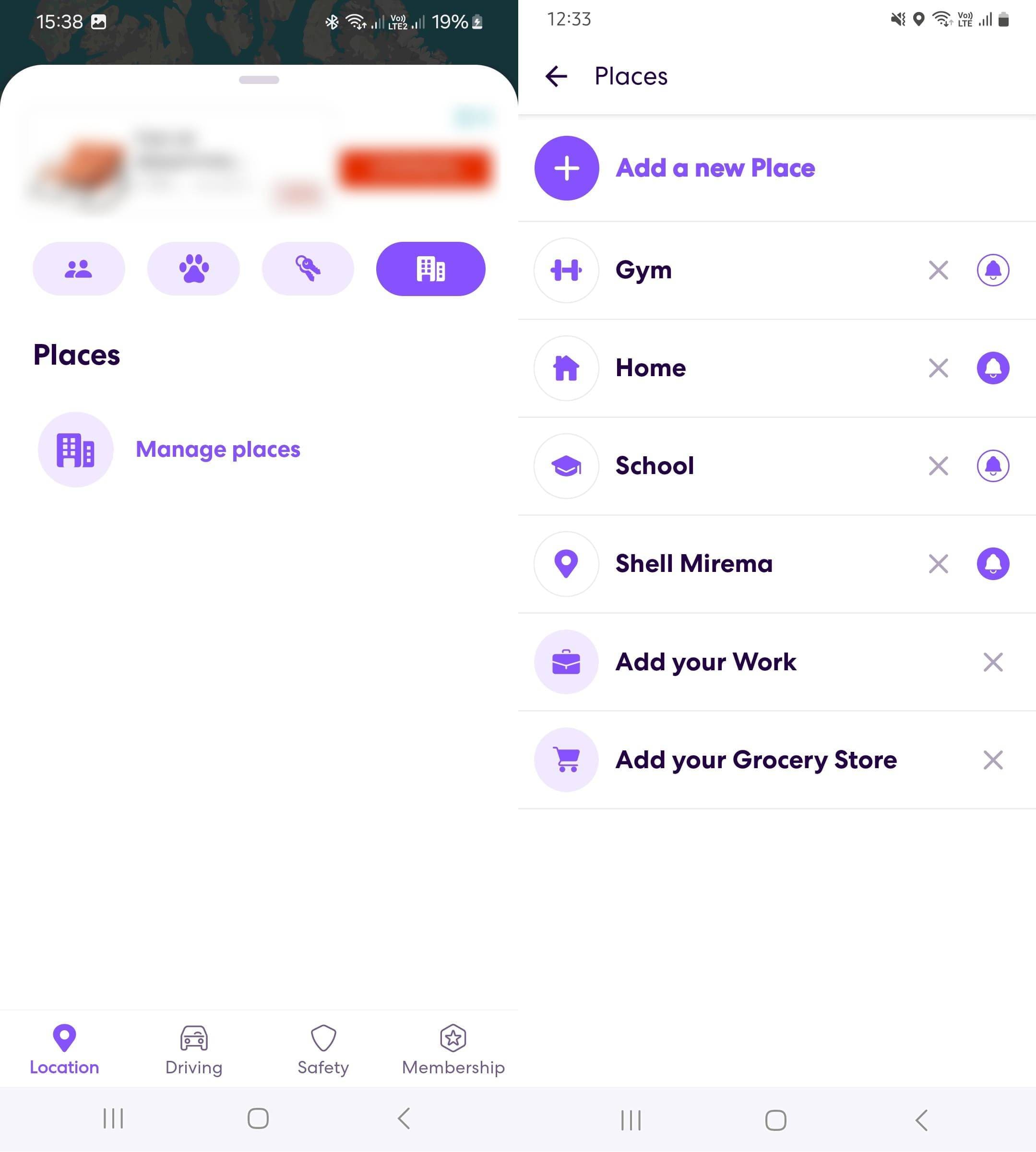 Places added on the Life360 app.