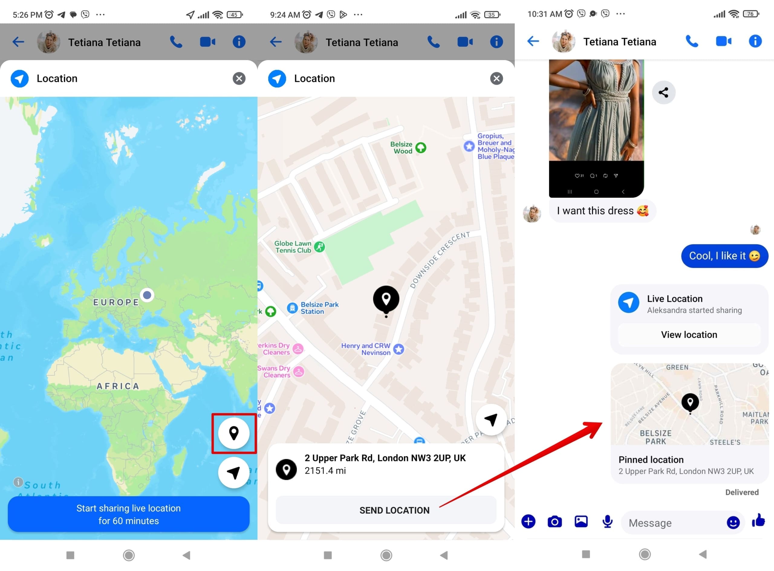 Click Location in a Messenger chat then the pin icon to send location.