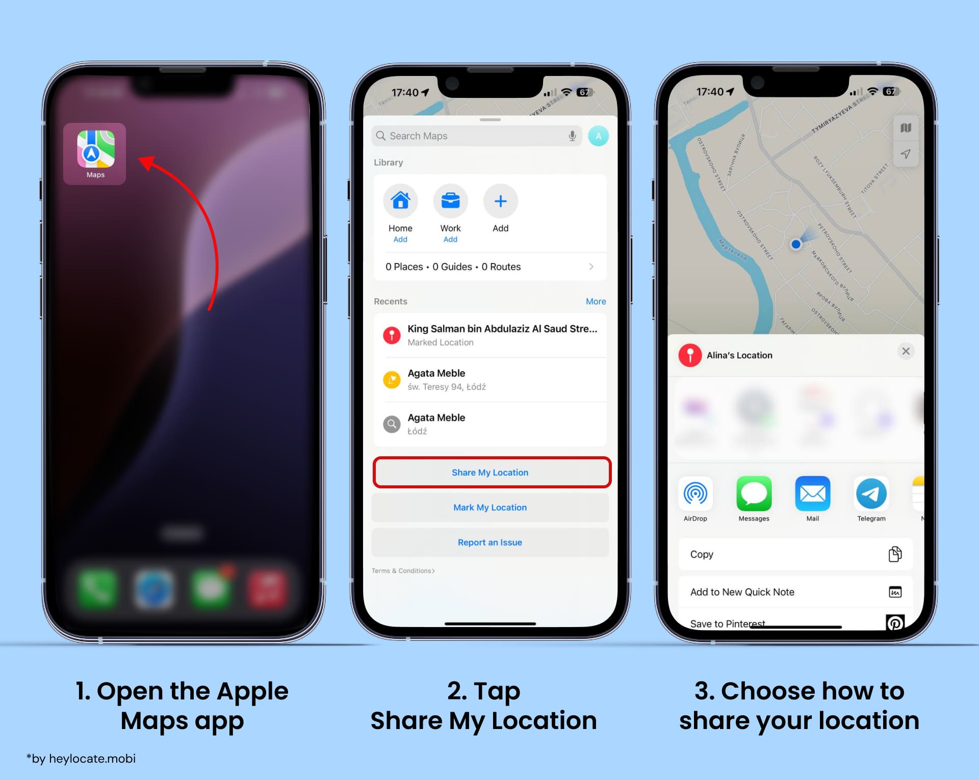 Open the Apple Maps app, tap Share My Location and choose how to send it.
