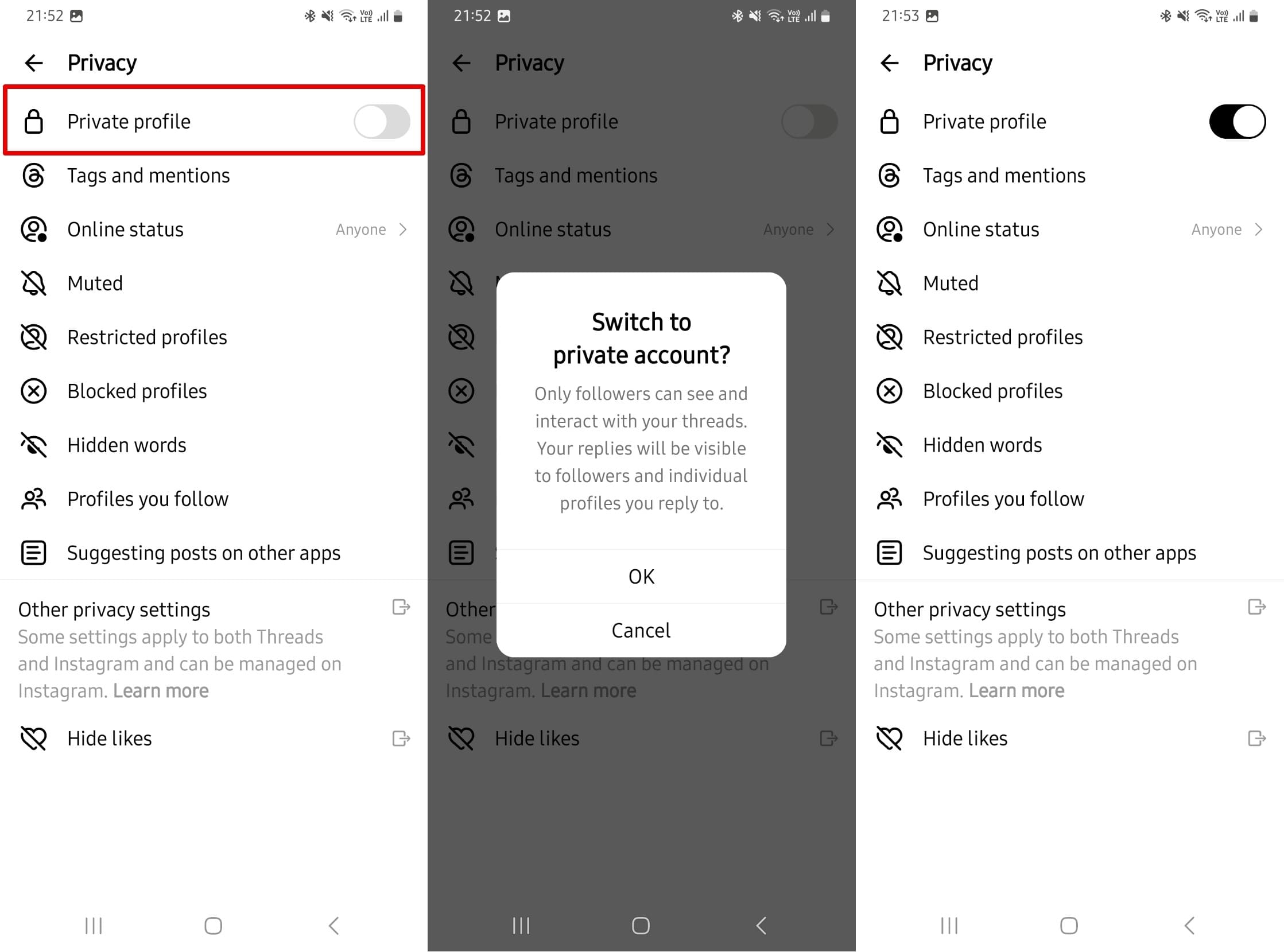 Threads privacy settings to turn account into private by pushing slider next to Private profile to the right to turn it black.