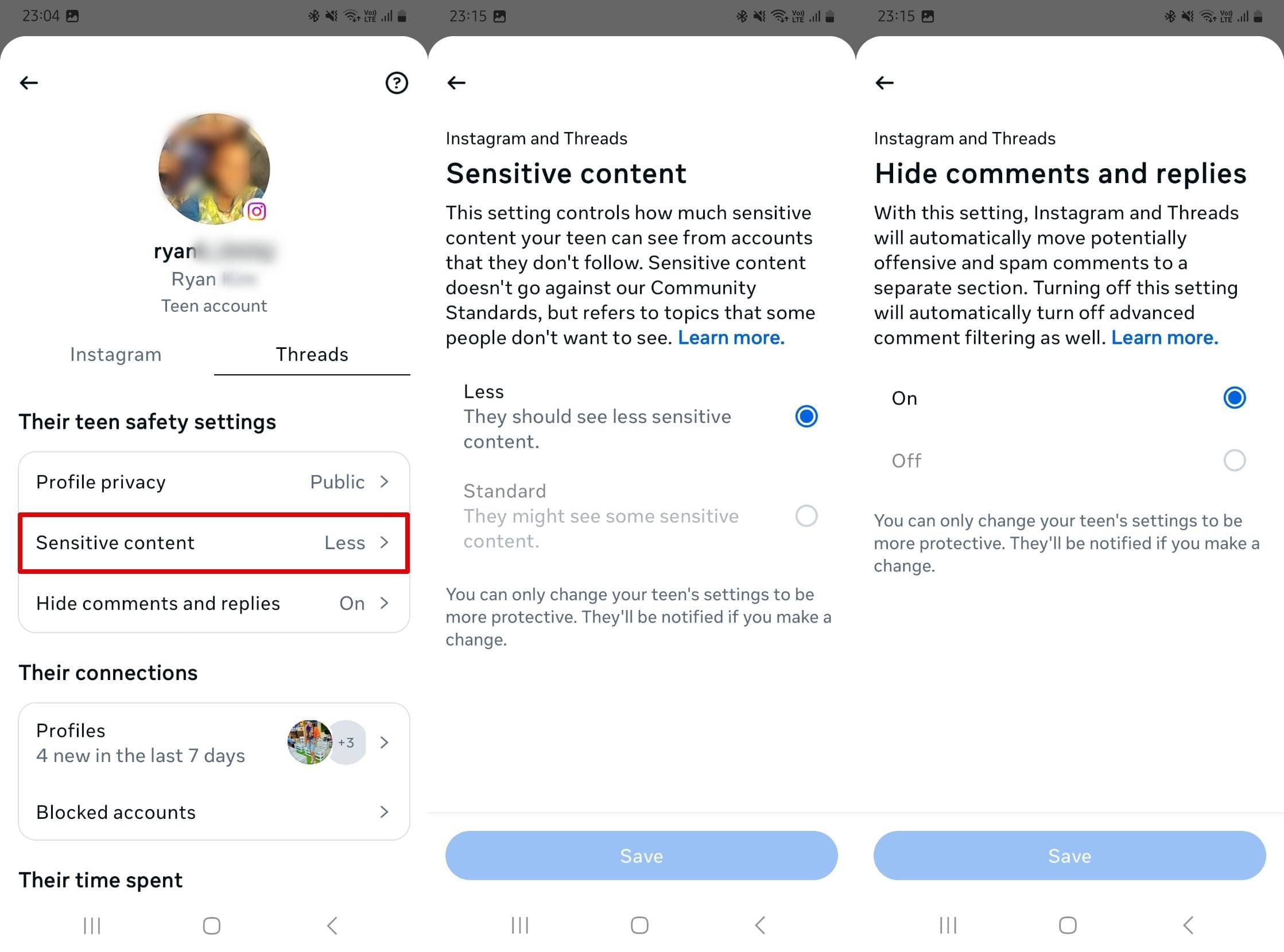 Sensitive content and hide comments and replies settings for Threads on Family Center.