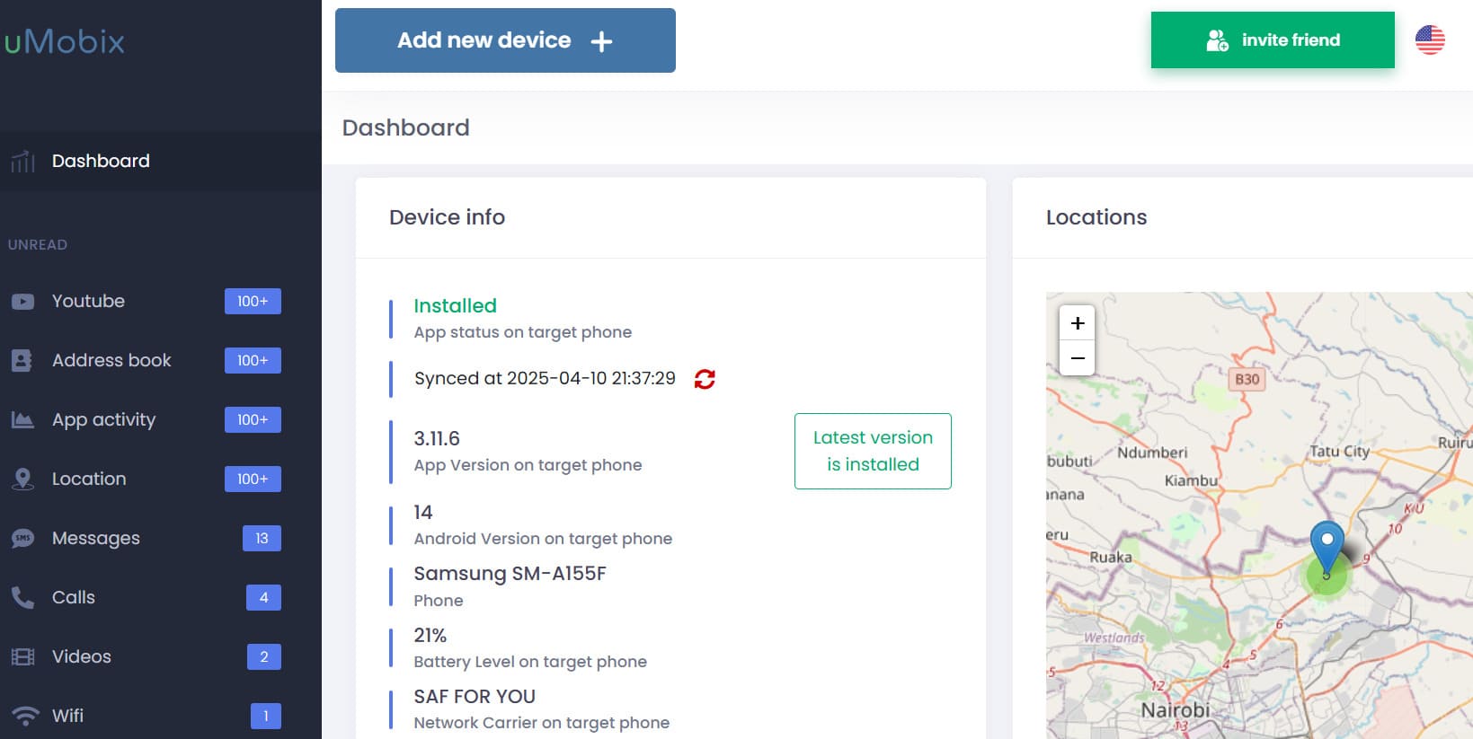 uMobix dashboard showing device info, tracked locations and unread monitored data.