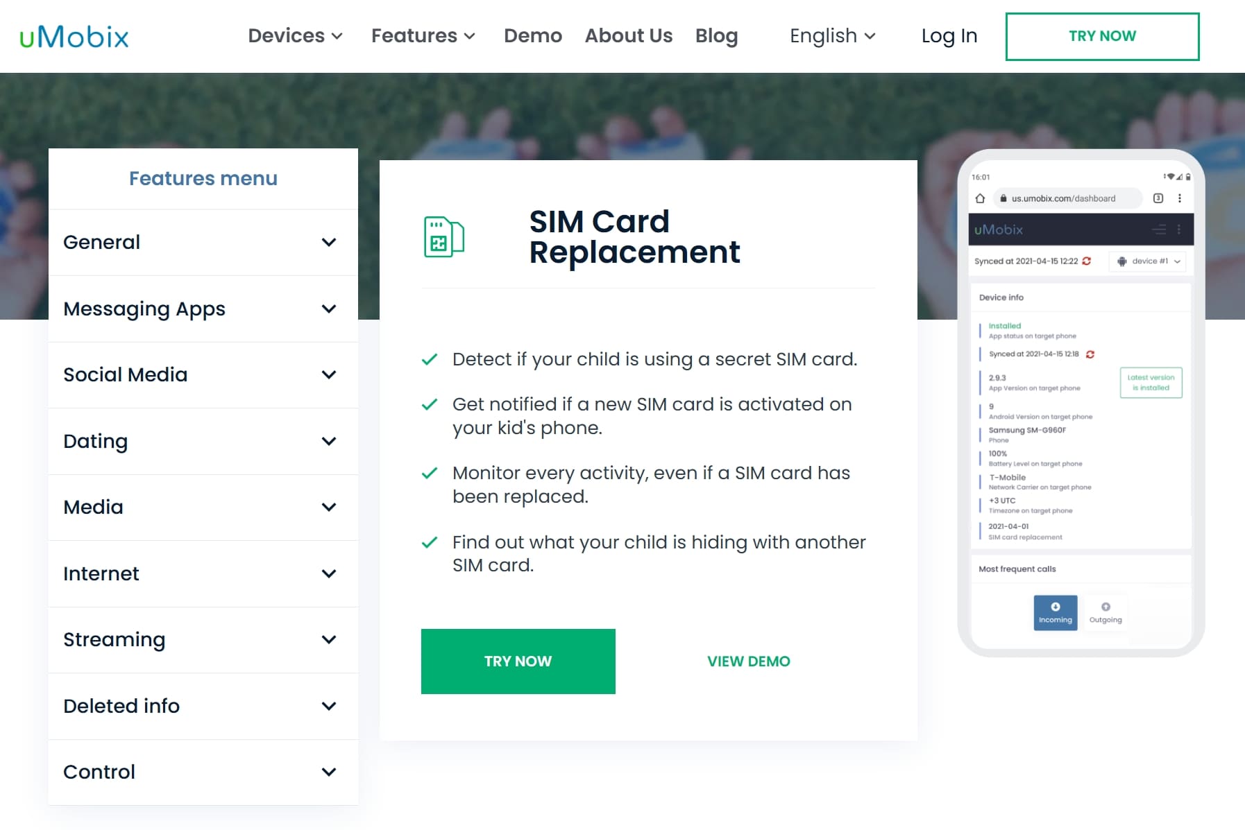 uMobix feature explaining SIM card replacement alerts and activity monitoring on a child’s phone, with dashboard preview on a mobile screen.
