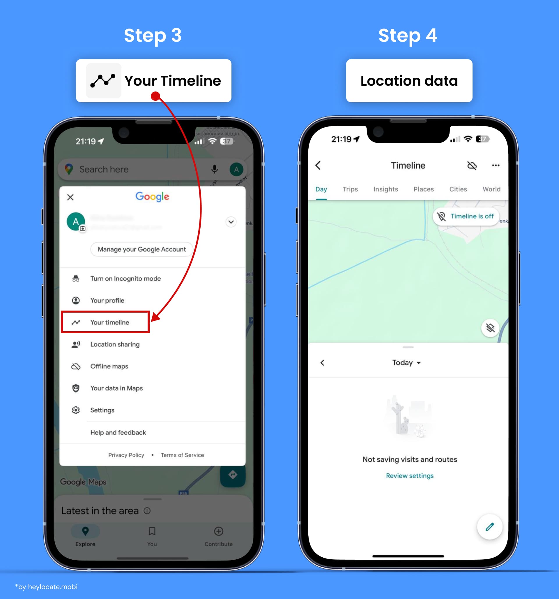 Open the "Your Timeline" option, choose the day and time you want and check the map with the current location.