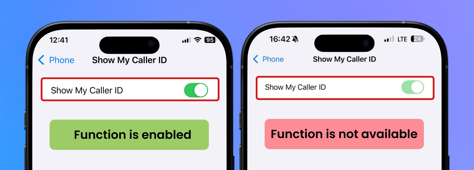 The Show My Caller ID option is enabled on one iPhone and blocked on the other, not allowing you to hide it.