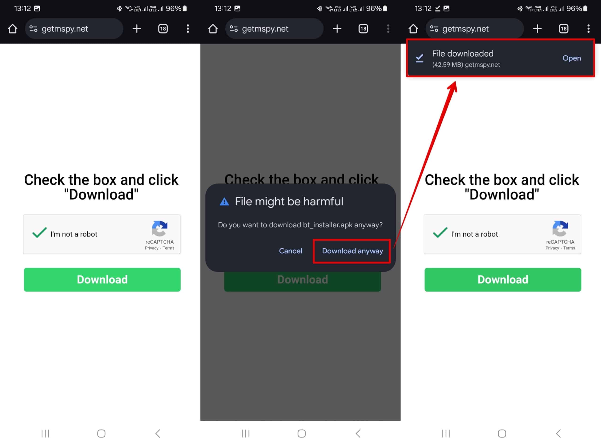 Process of downloading an APK file from “getmspy.net” to an Android device.