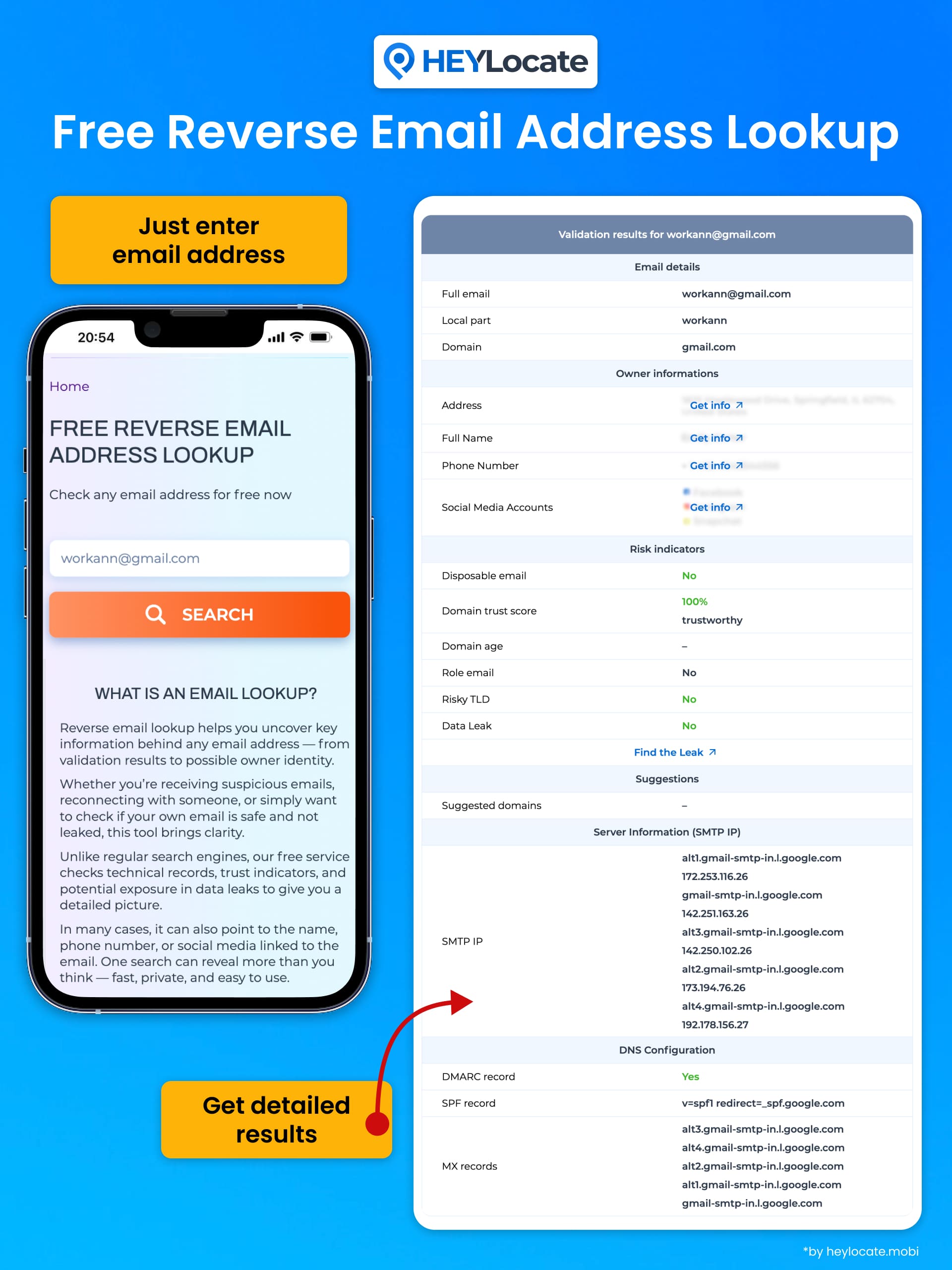 Interface of HEYLocate's reverse email lookup showing input field and validation results.