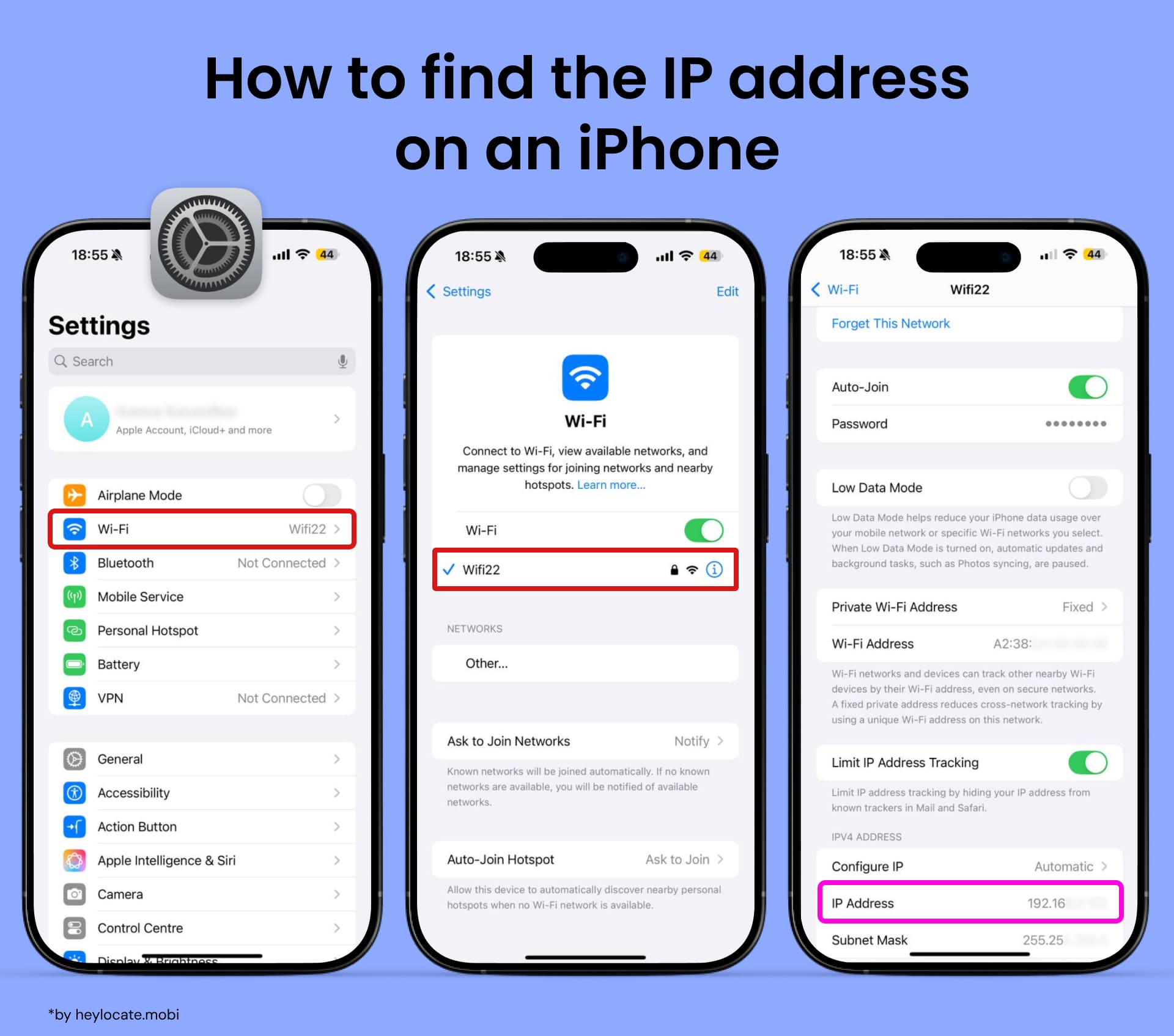 Open Settings on your iphone - choose “Wi-Fi”. Tap the blue “i” icon and check the IP.