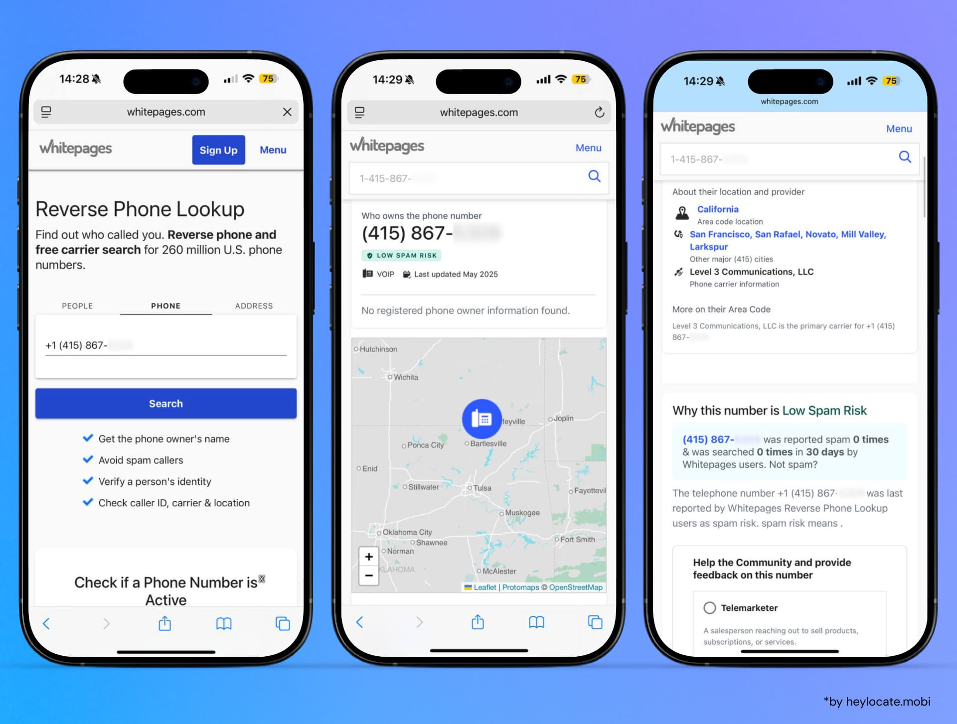 Open the Whitepages website, type the phone number to the search field and check the information about it.