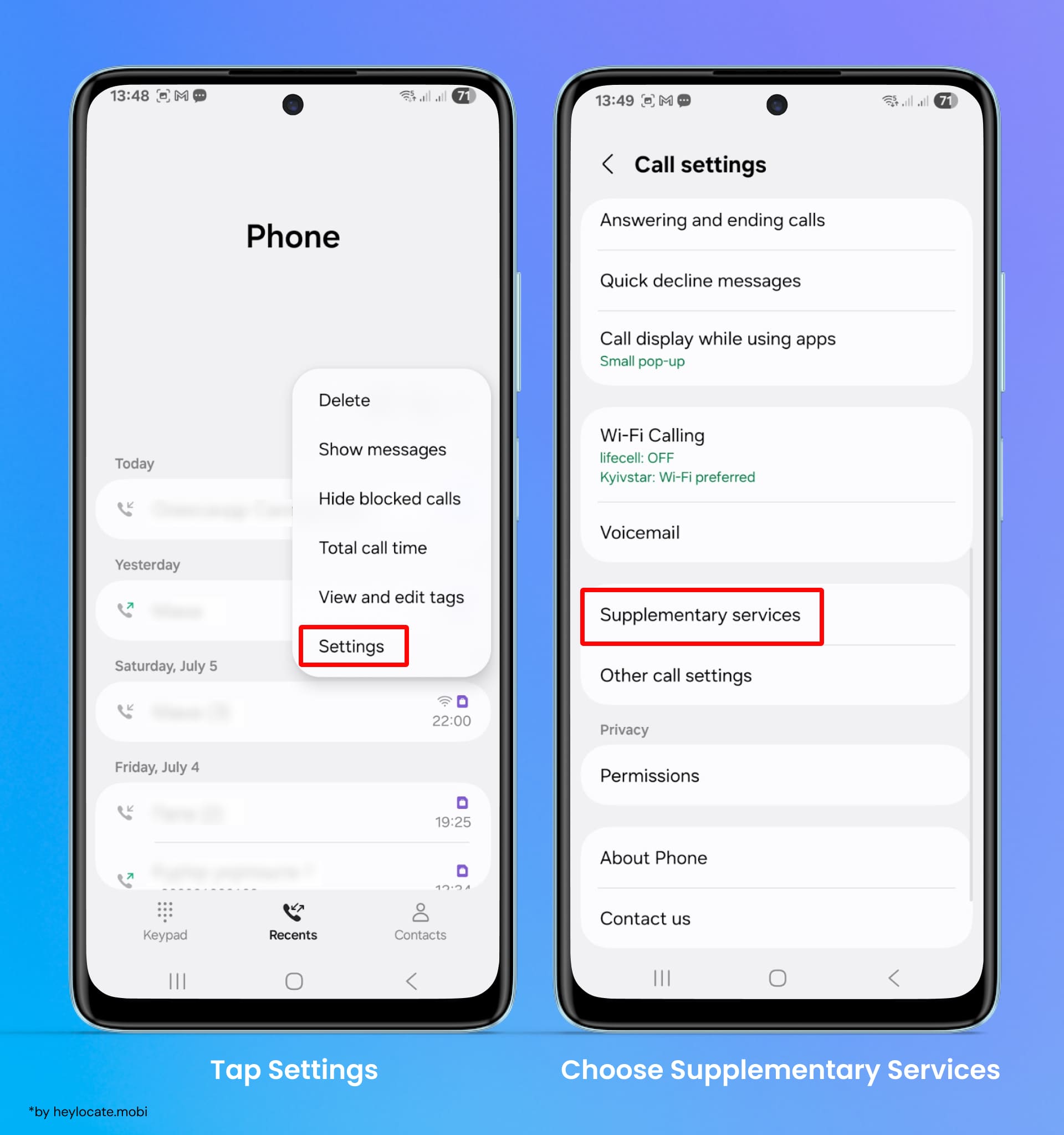 Open the Settings on Phone app and choose the Supplementary Services option.