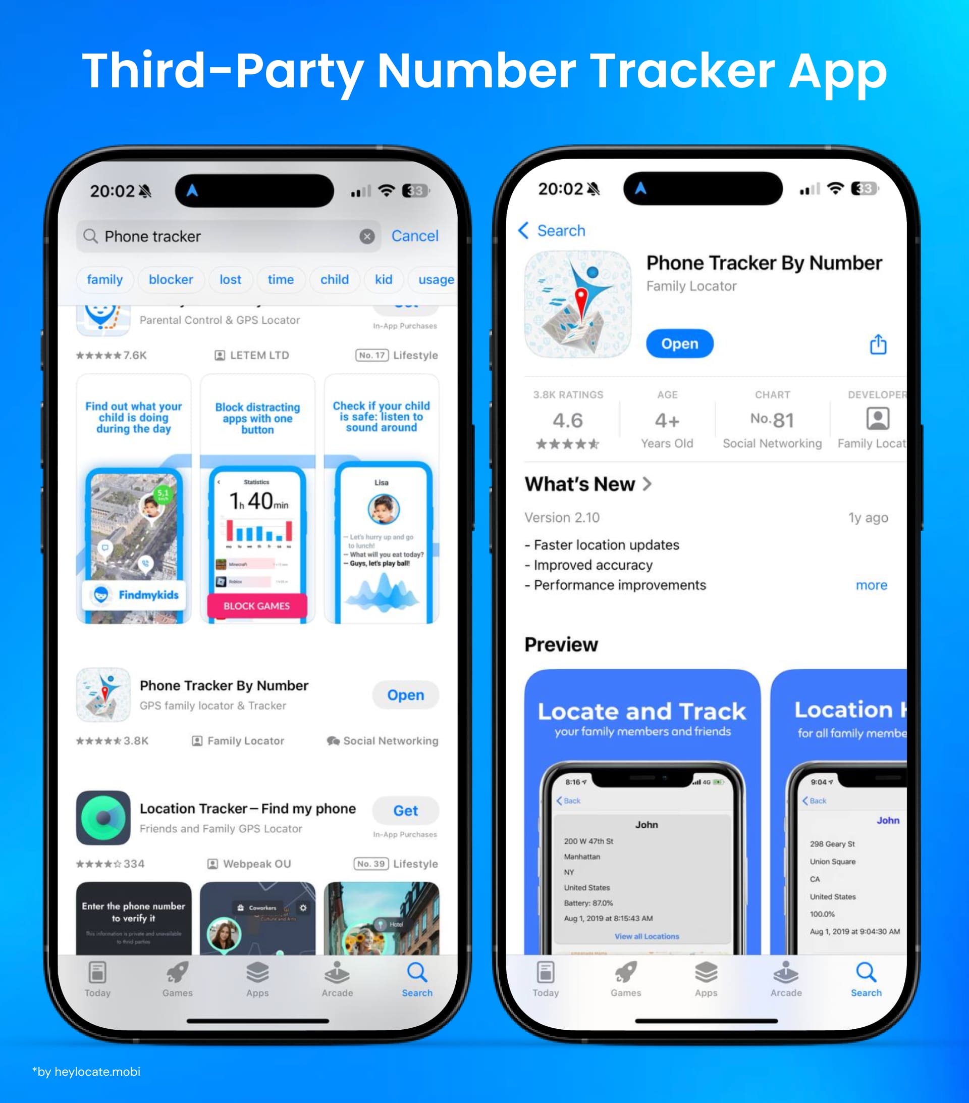 Screenshot of the "Phone Tracker By Number" app interface on the App Store, showing search results and app details.