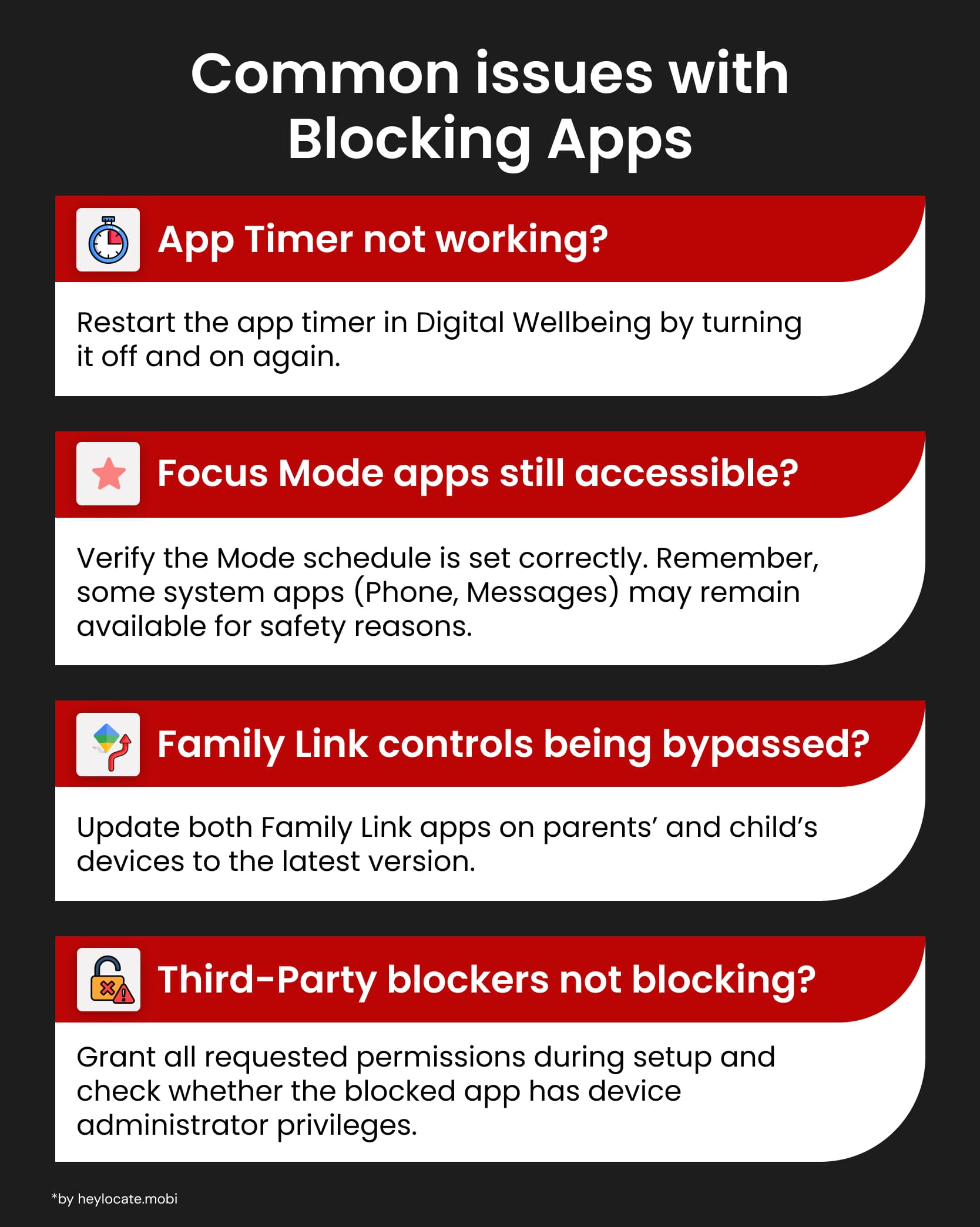 Infographic illustrating common problems and solutions for app blocking features.