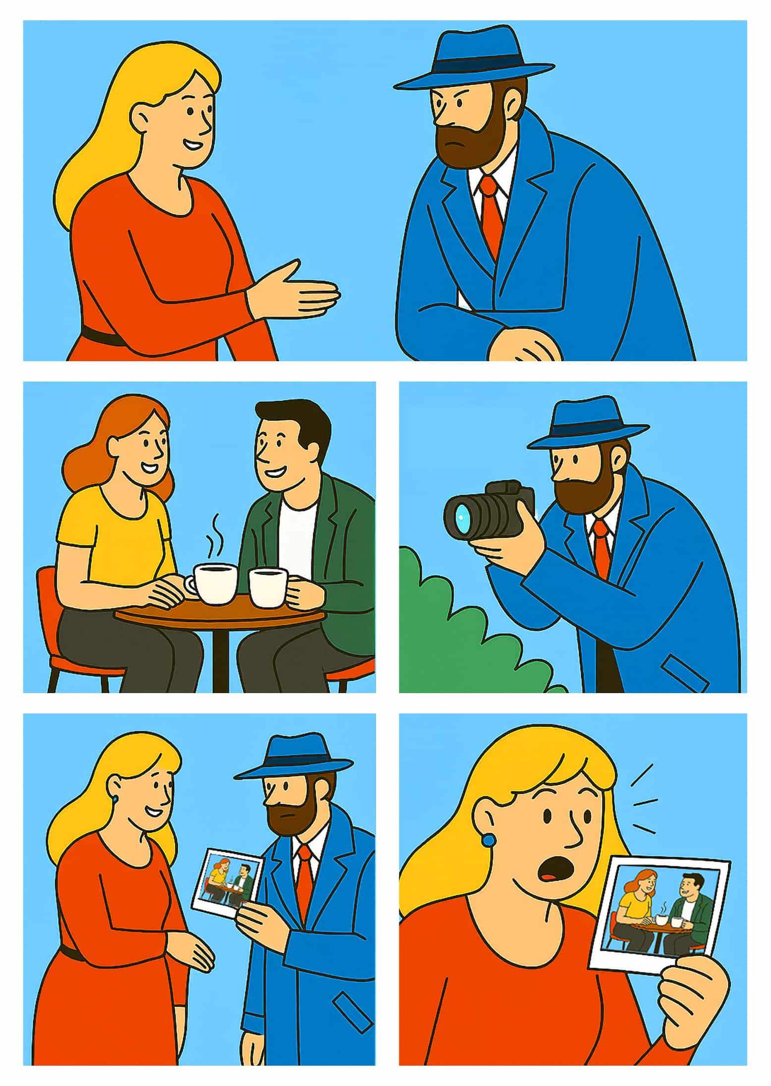 A woman hires a private investigator to confirm that her husband is cheating on her.