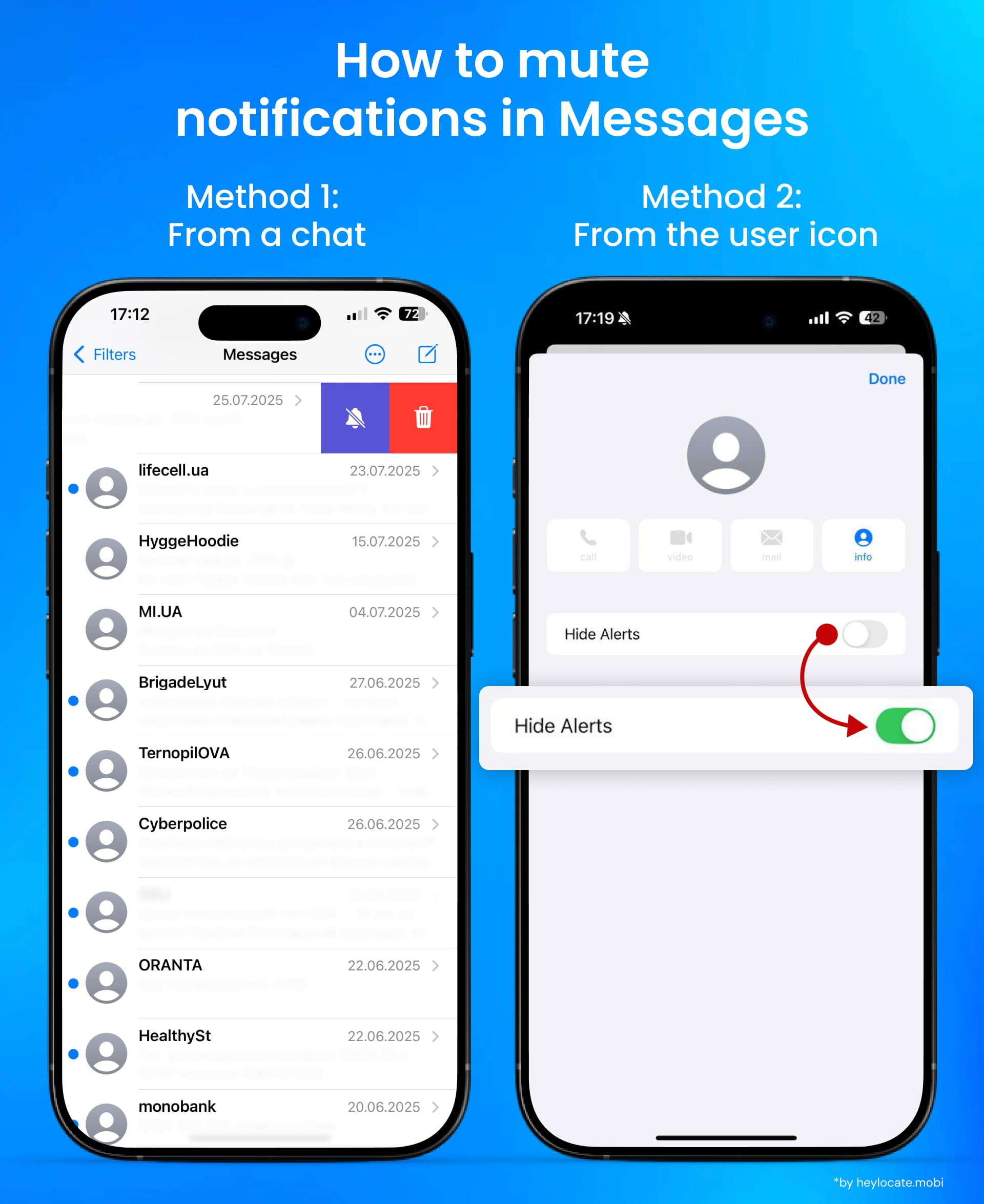 Enabling notification hiding mode via chat and contact.