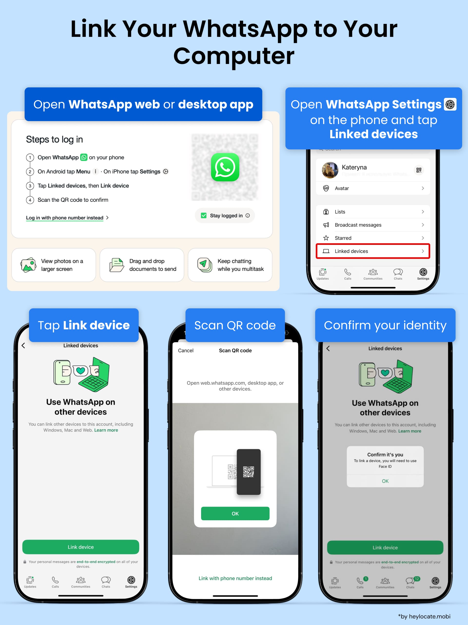 Open WhatsApp on your PC and WhatsApp settings on smartphone. Choose Linked devices - tap Link Device - scan a QR code - confirm it’s you.