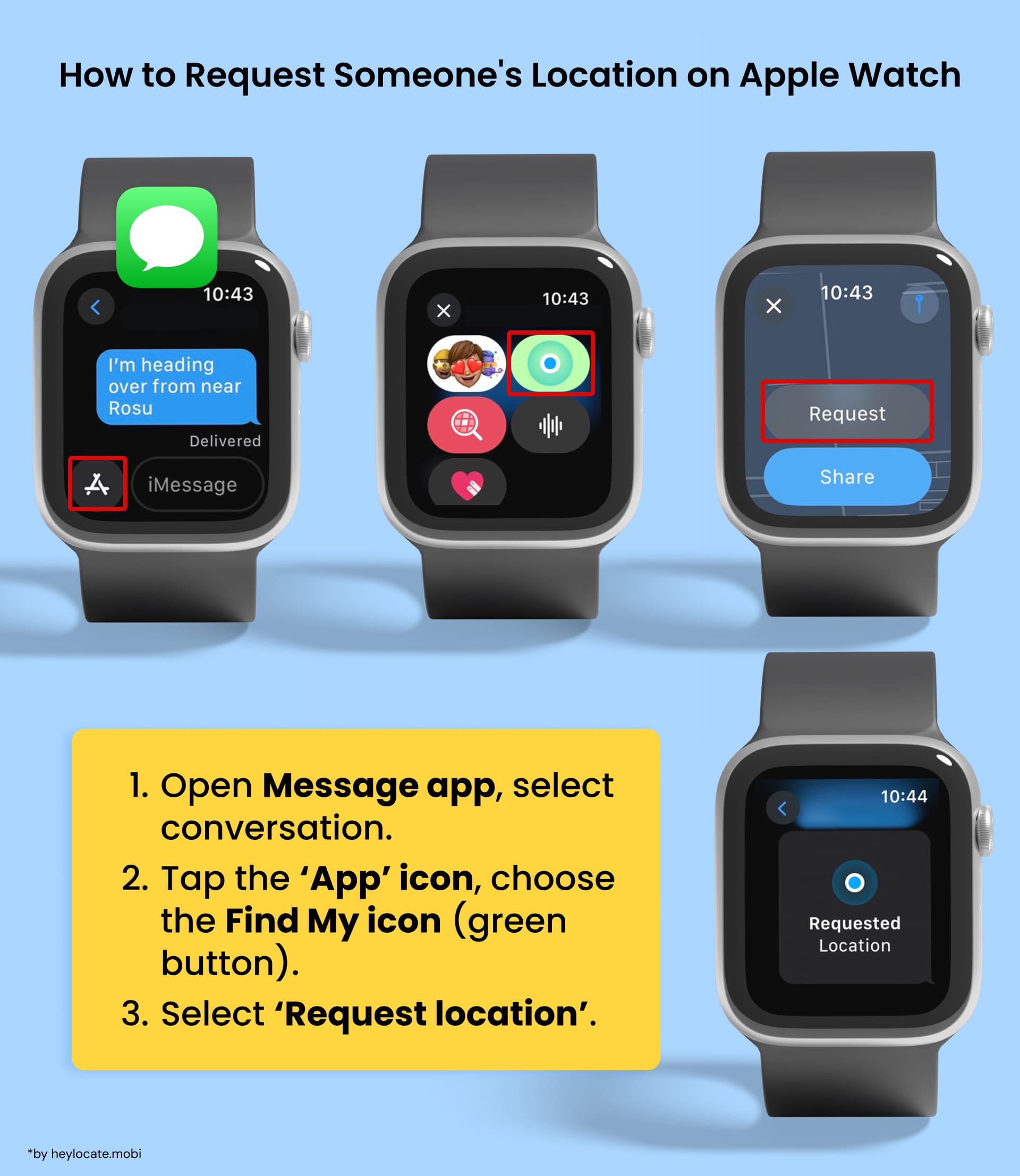 To request someone’s location on Apple Watch, open a Messages conversation, tap the App icon, select Find My, and tap Request Location.