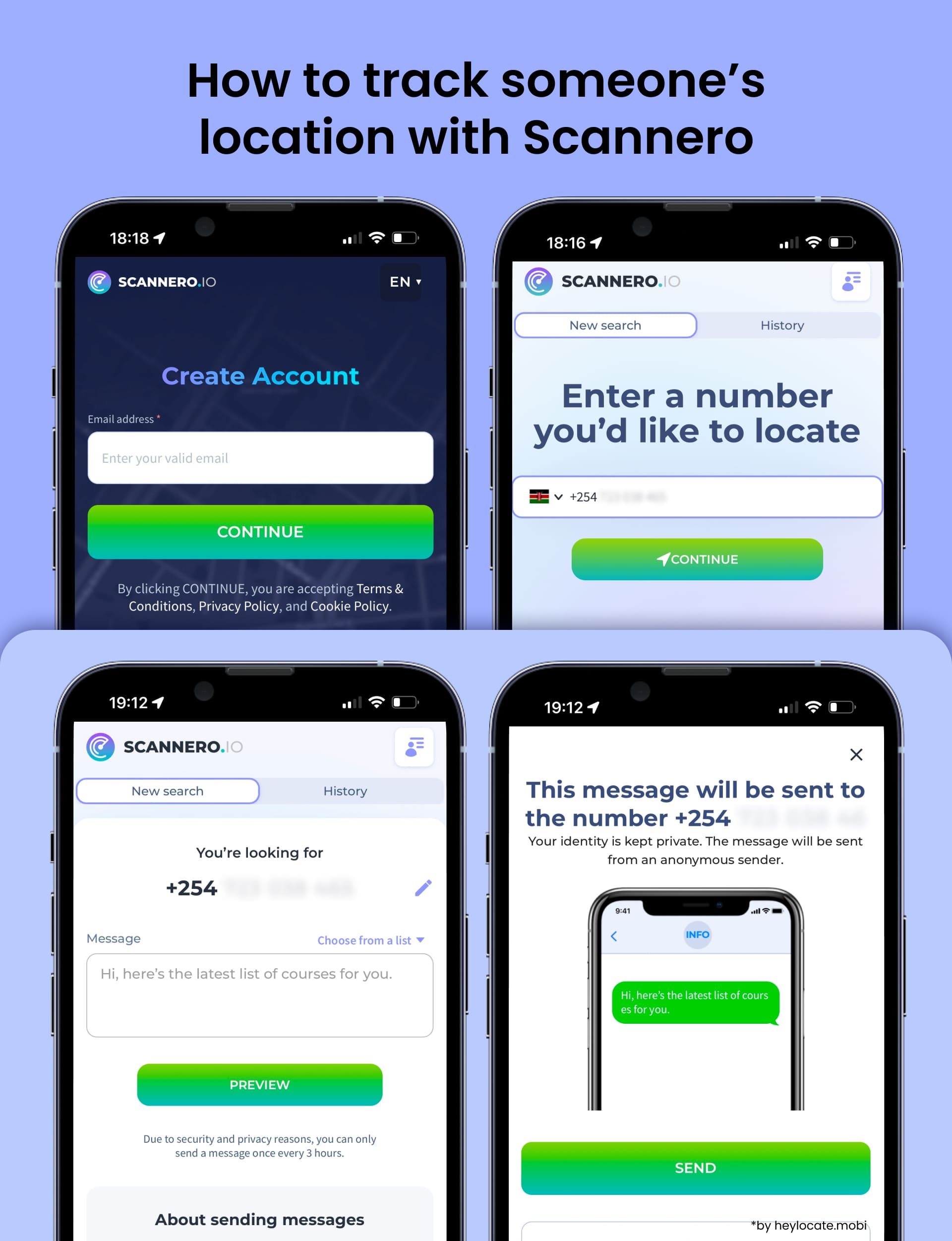 Steps for tracking a location in Scannero: create an account, enter a phone number, compose a message, and preview the SMS that will be sent to track the location.
