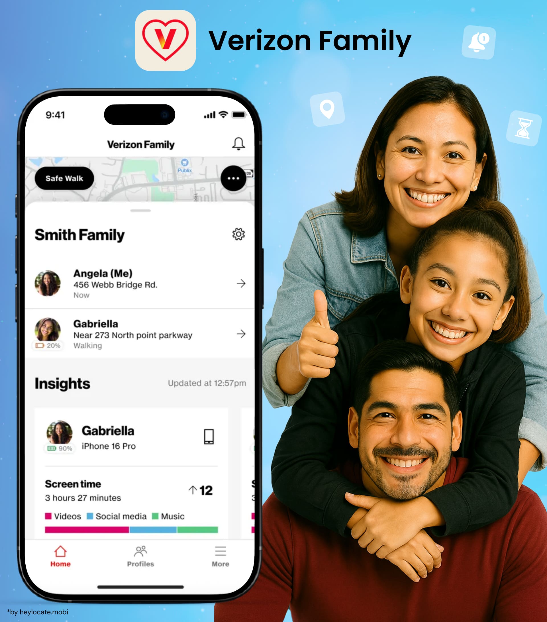 Verizon Family app interface displaying real-time location, walk status, and screen time information for family members.