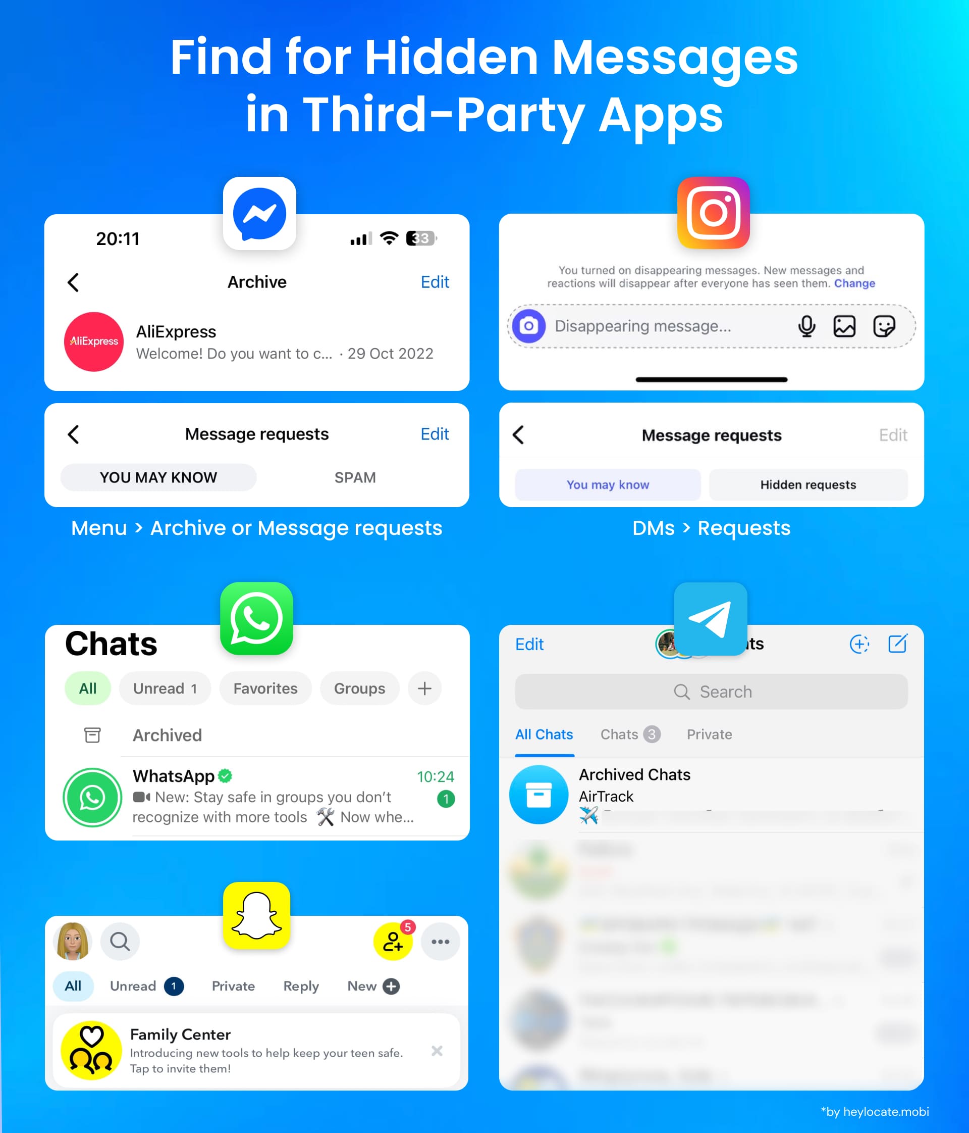 Hidden messages or chats may be in archives, requests, folders, shortcuts.