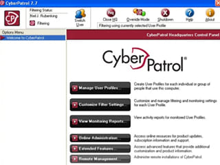 Screenshot of CyberPatrol Parental Controls 7.7 interface, displaying user profile management and filter customization options.