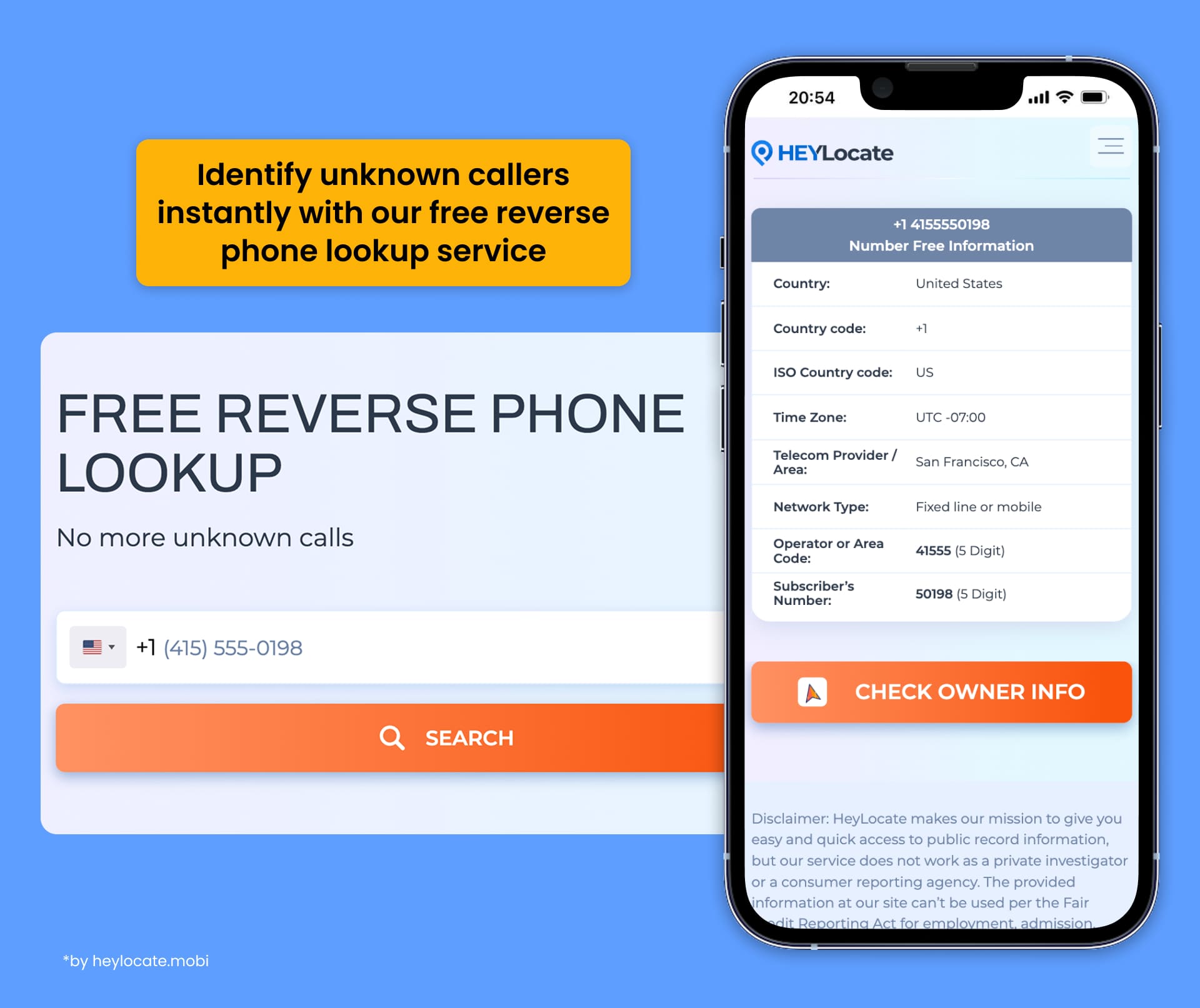 Reverse phone number lookup on HeyLocate showing caller details: country, country code, time zone, operator name, location and network type.