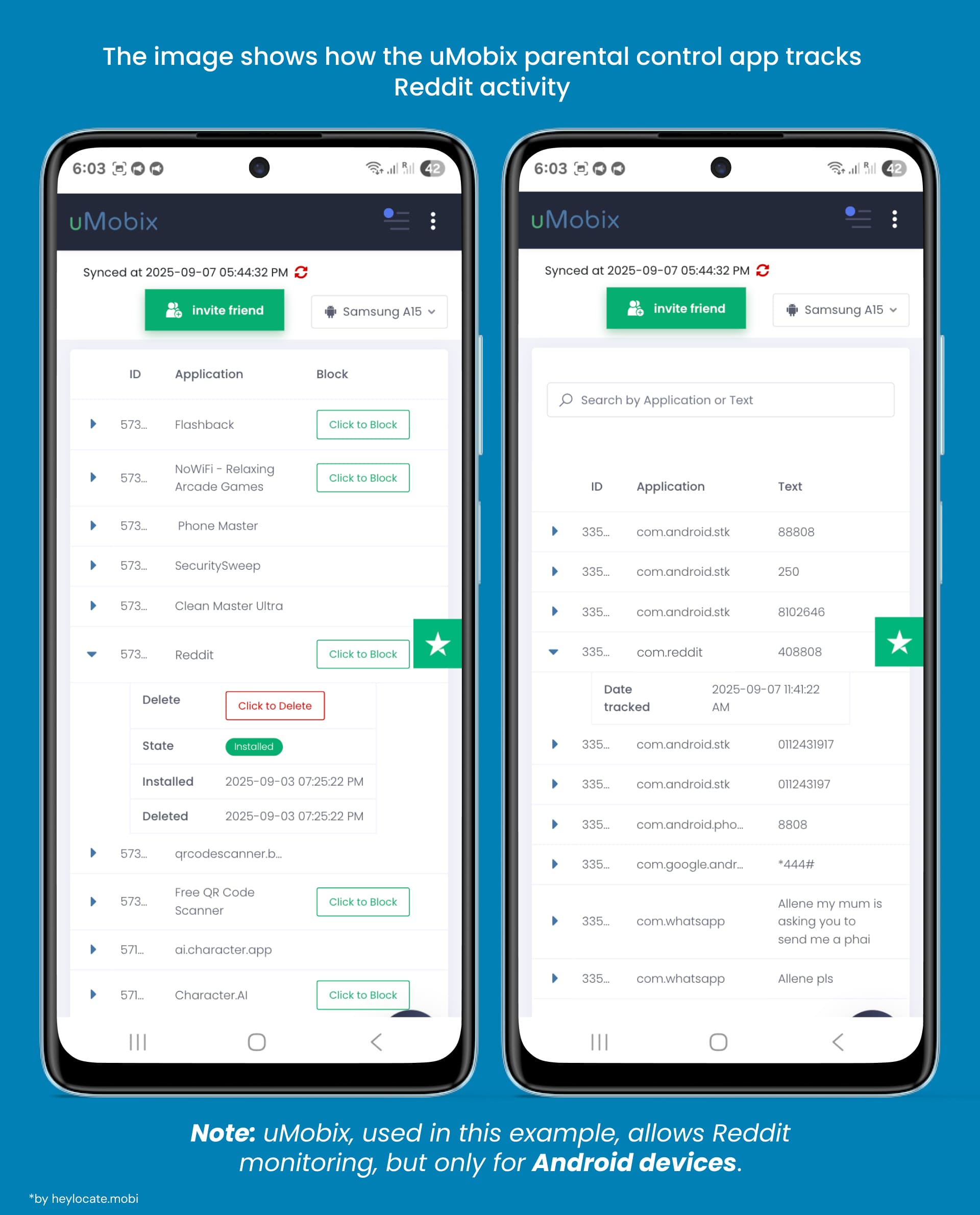uMobix app on Android showing how to track Reddit activity: a list of apps with blocking capabilities and an activity log, including text data.