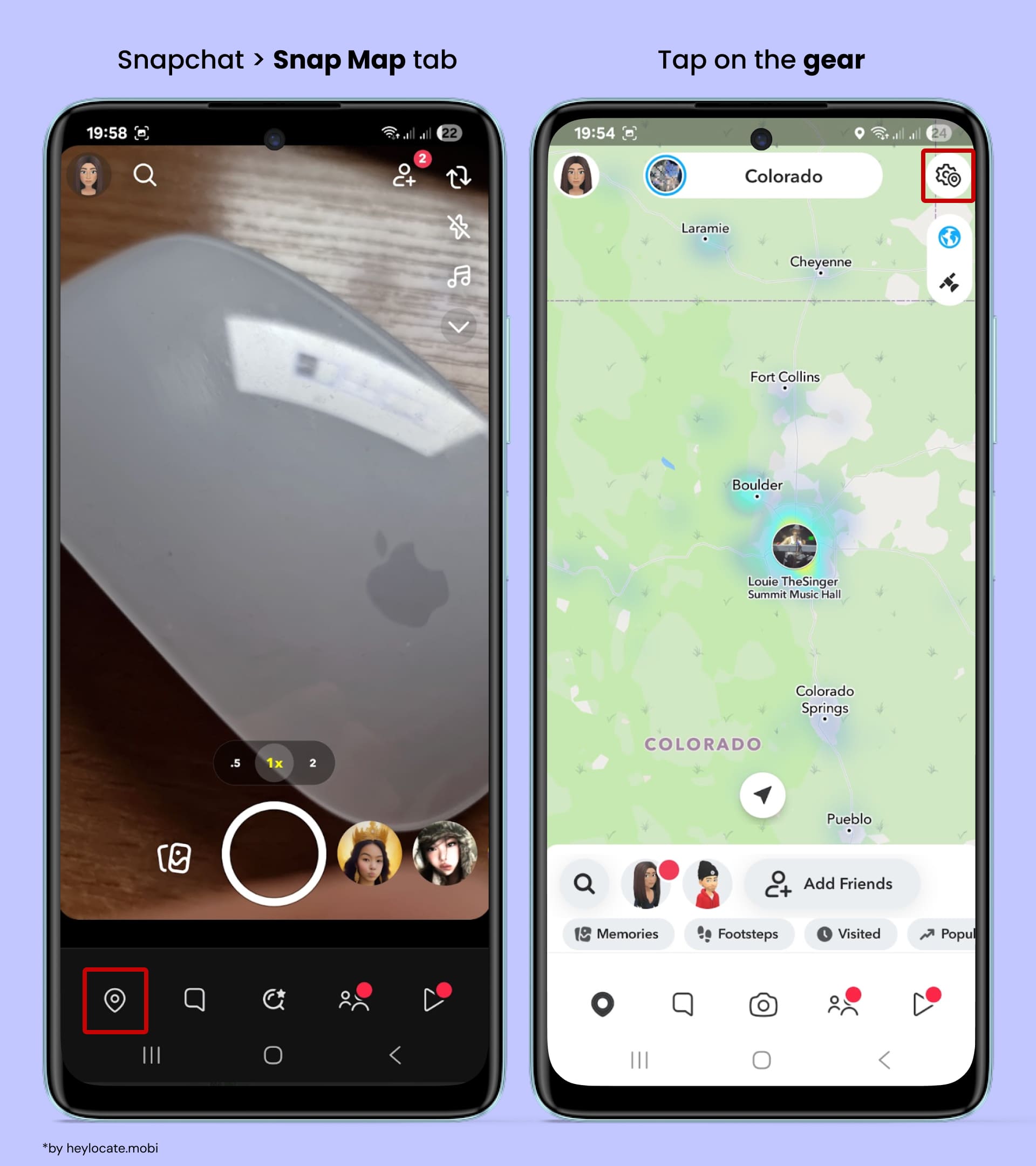 Snapchat interface showing Snap Map tab and map screen with gear icon to open location settings.