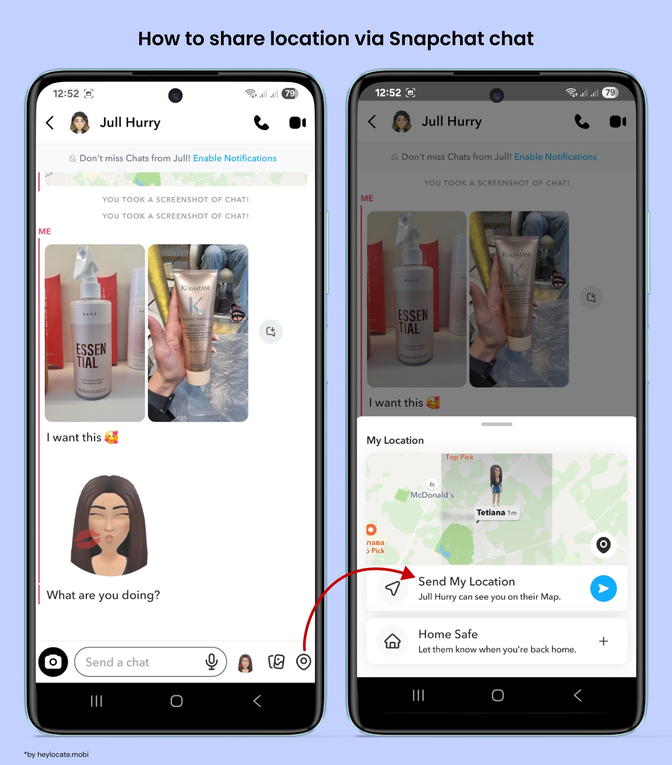 Open a Snapchat chat, choose location icon and send it.