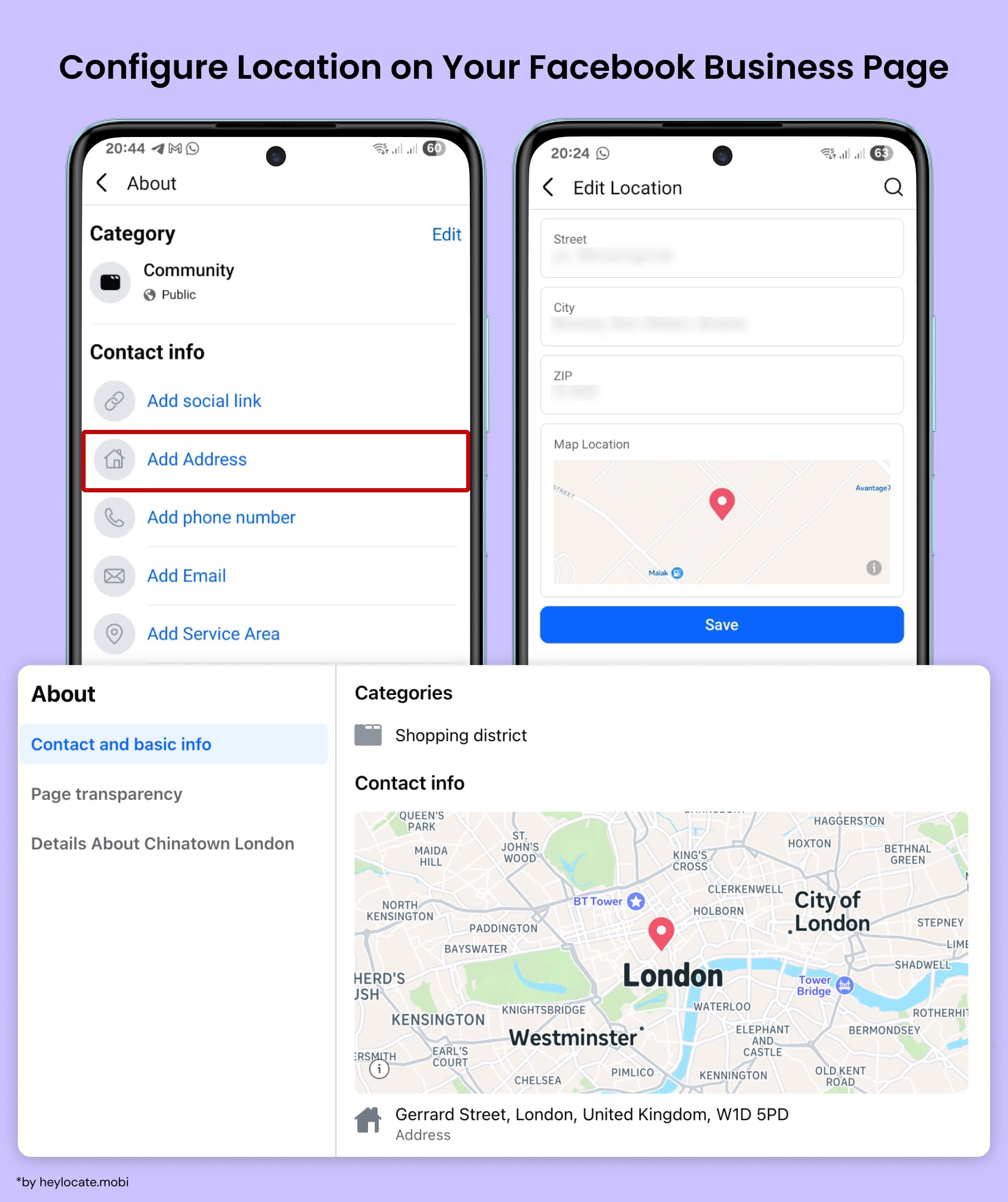 Add your company address to your Facebook page: open Contact info, select Add Address, and enter your location details.