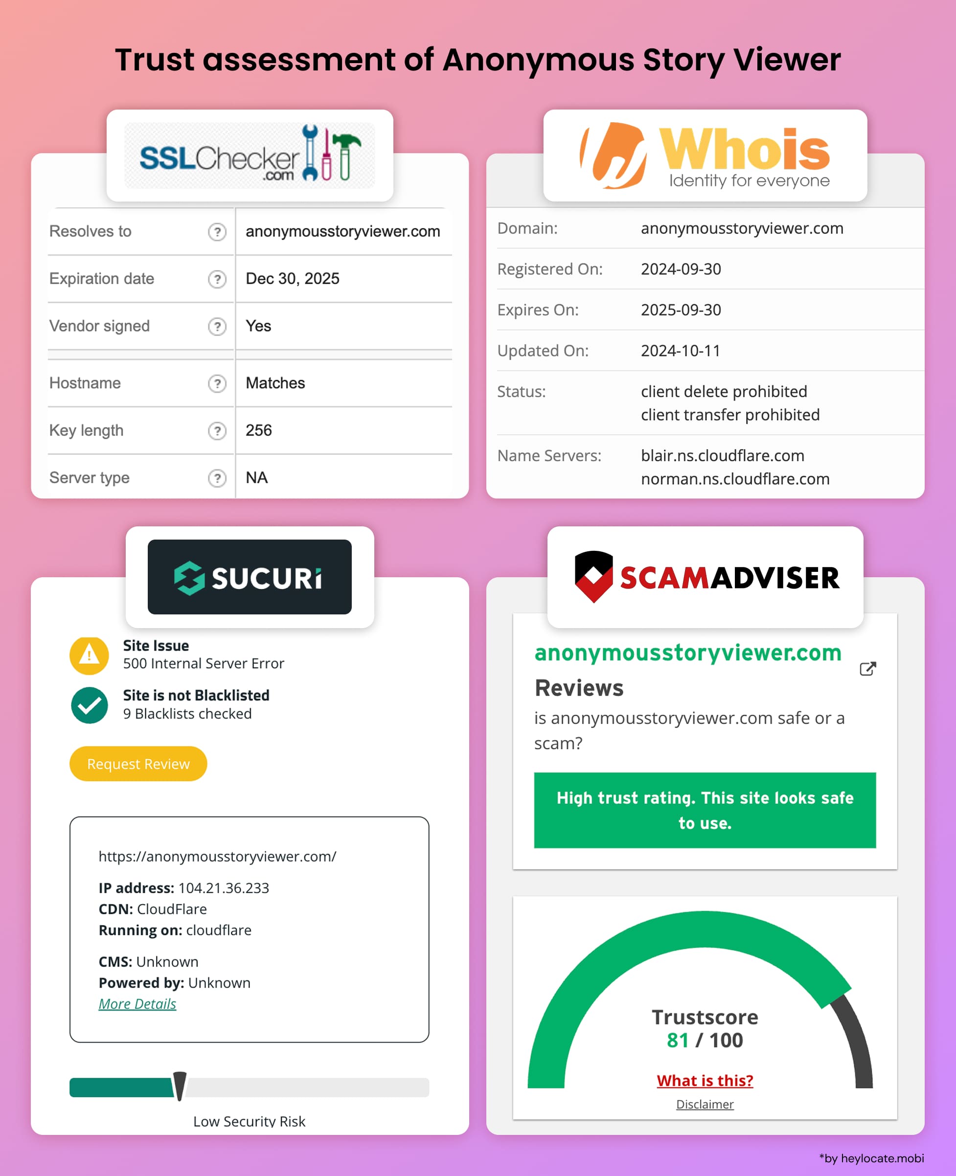 Infographic showing a security and trust assessment of Anonymous Story Viewer using data from SSL Checker, Whois, Sucuri and ScamAdviser.