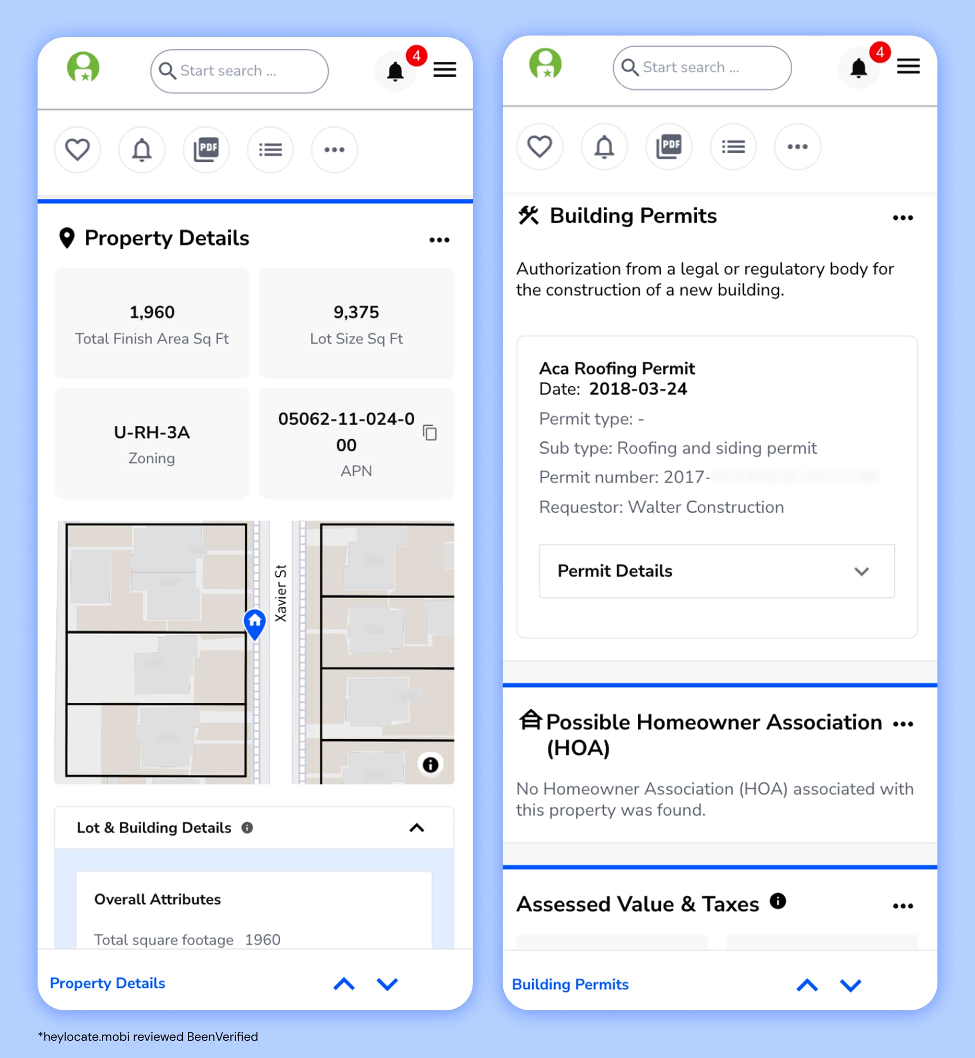 Search results include property type, owner name, square footage, market assessment, tax information and Google Street View photo.