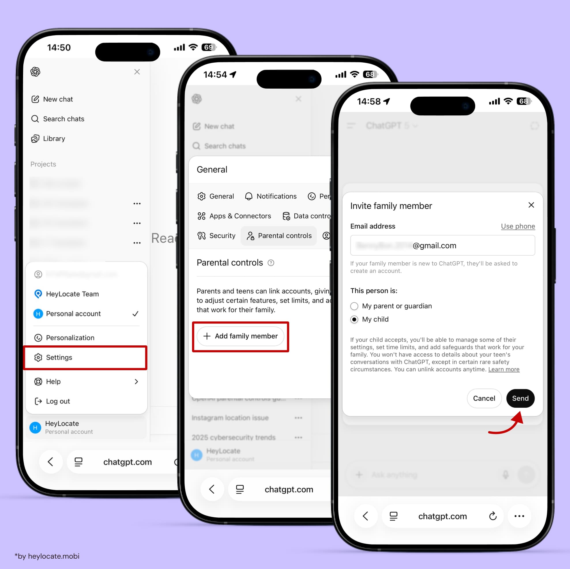 Open Settings, select Add family member in the Parental controls section, and send an invitation by email.