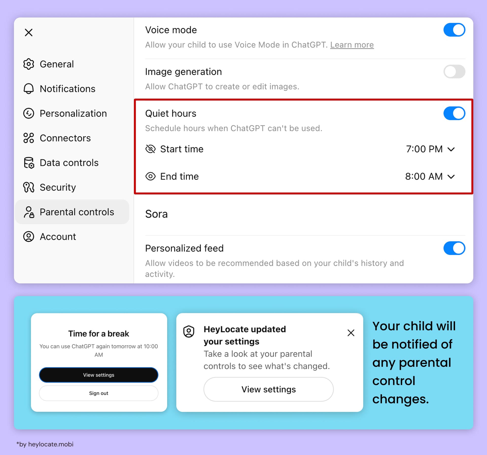 ChatGPT parental settings menu quiet hours, and personalized feed, as well as notifications for the child about breaks and changes to parental settings.