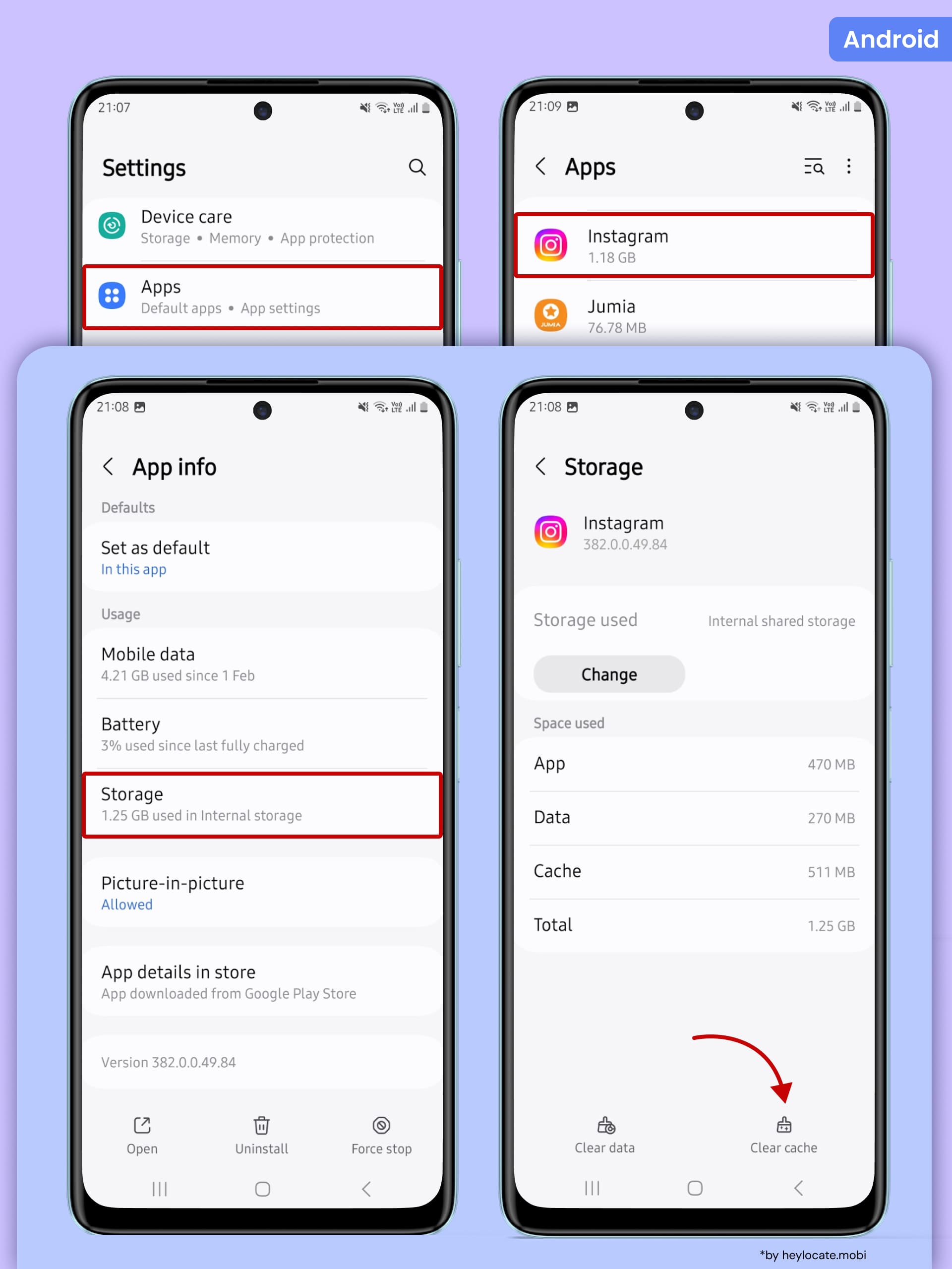 Steps to clear Instagram cache on Android: open Apps, select Instagram, then Storage and Clear cache.