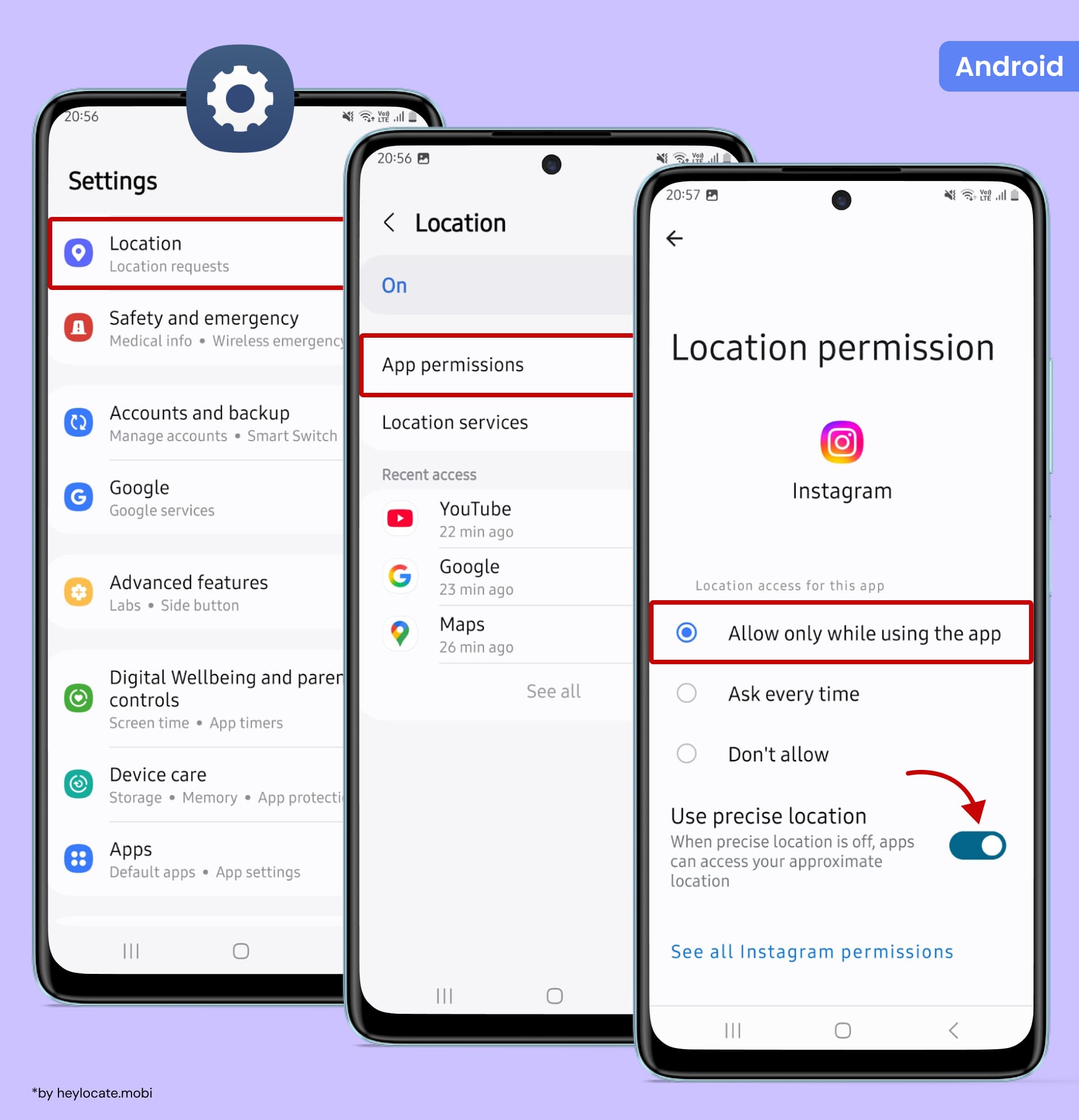 Open Settings click on Location, Instagram and choose Allow only while using the app.