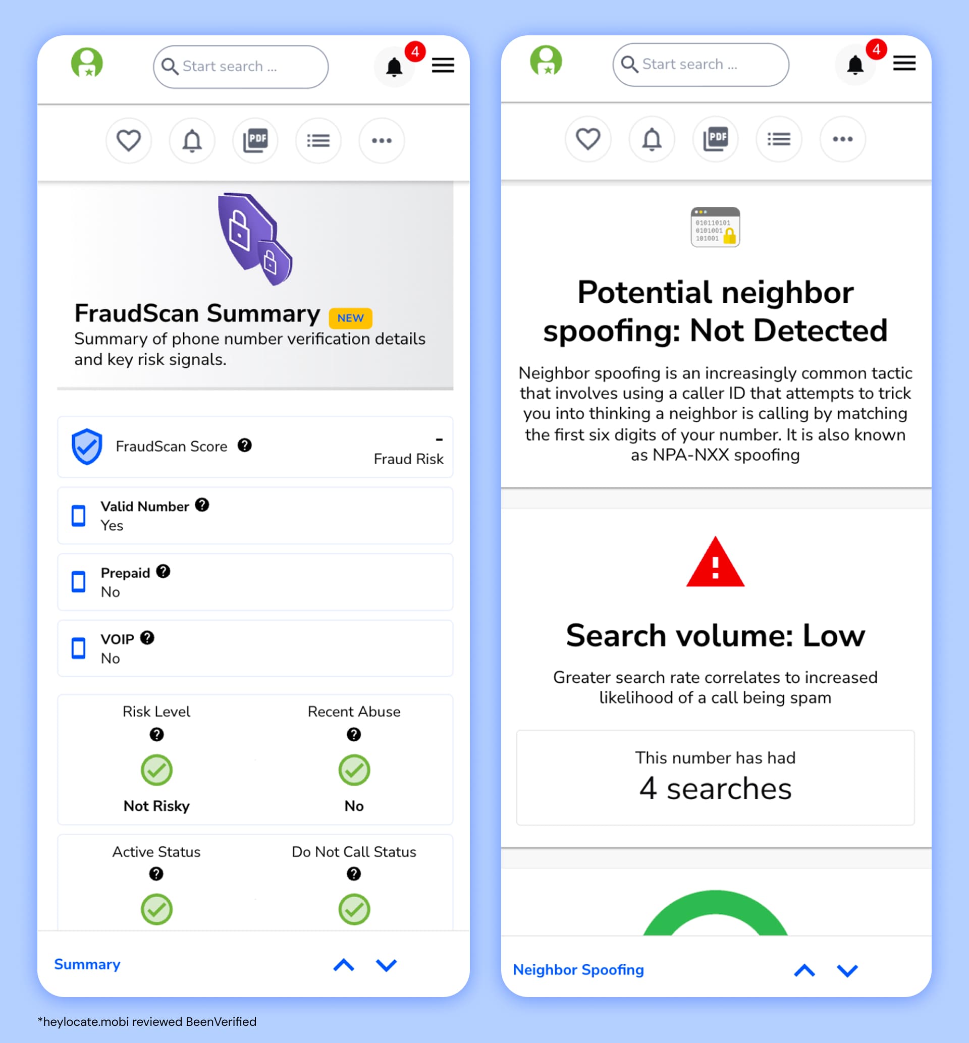Visual report showing a person's location on a map, potential owner's name, spam risk and comments.