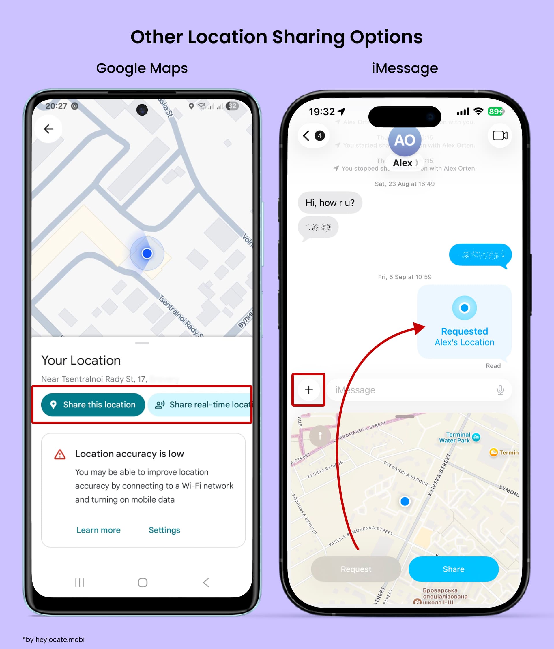 To share your location on Google Maps, select “Share…”. In iMessage, send or request your location in the chat.