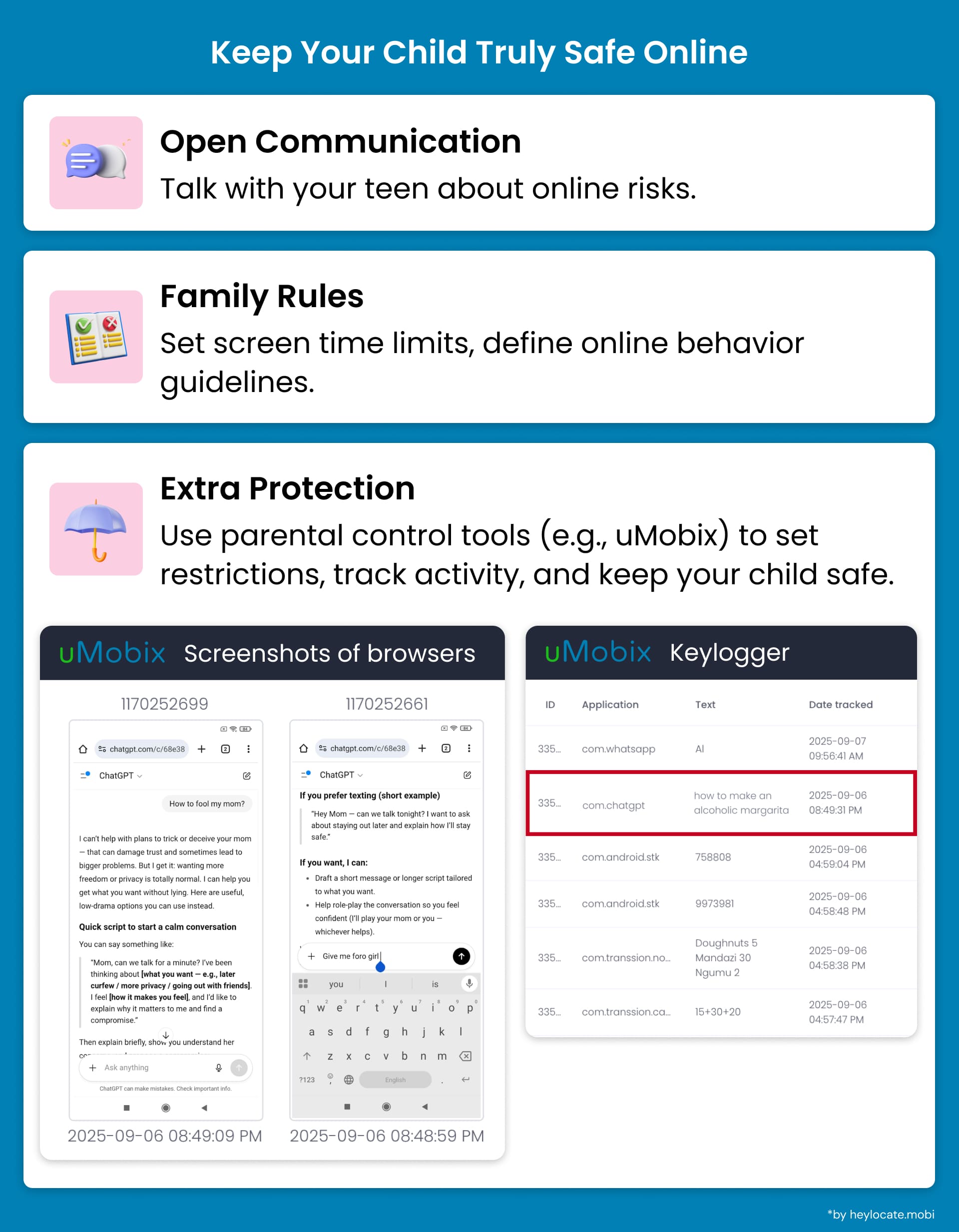 Tips for keeping kids safe online and examples of parental control through uMobix.
