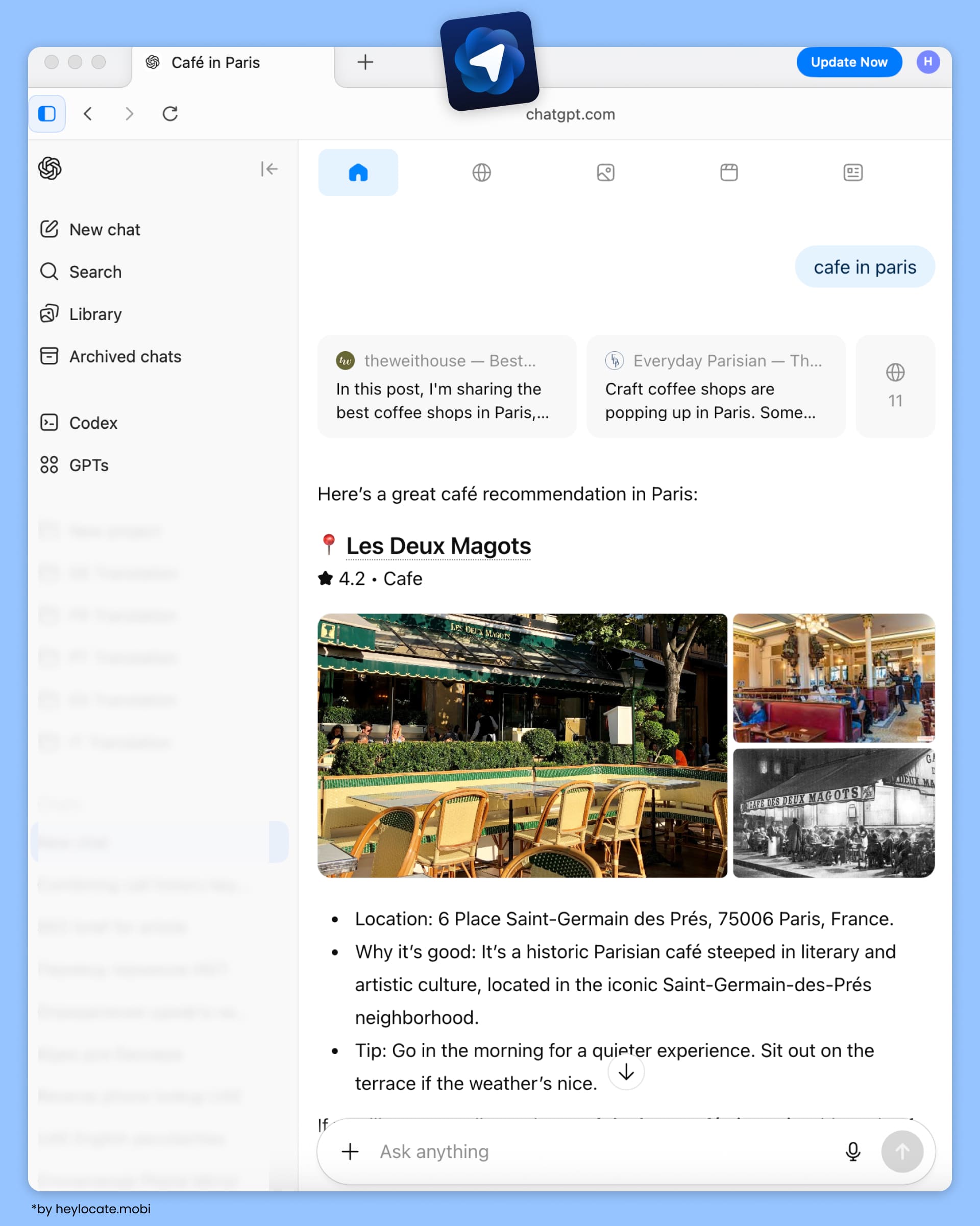 ChatGPT Atlas browser interface with search and recommendations.