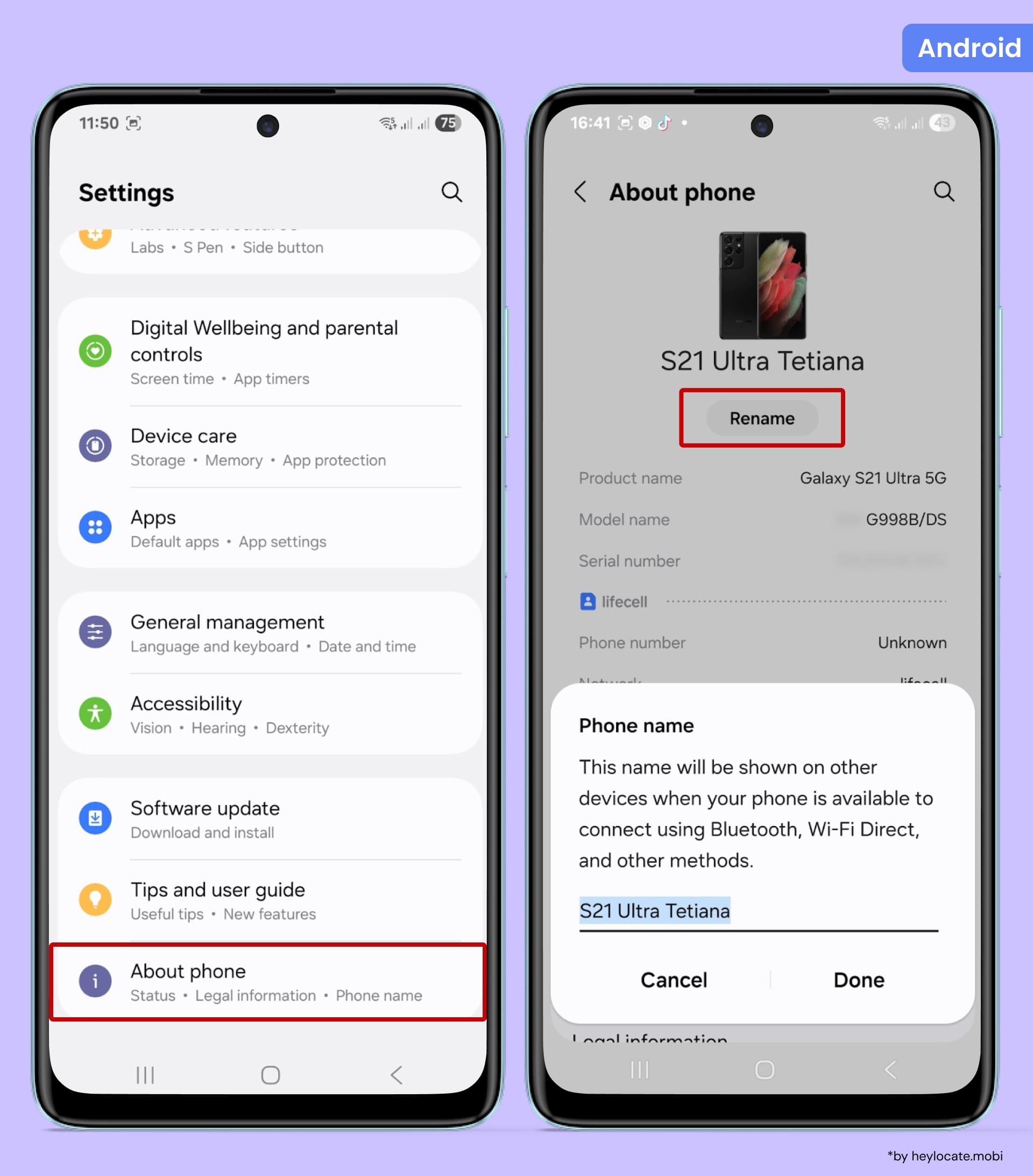 Open Settings, scroll to About Phone, tap Rename, and enter a new name for the device.