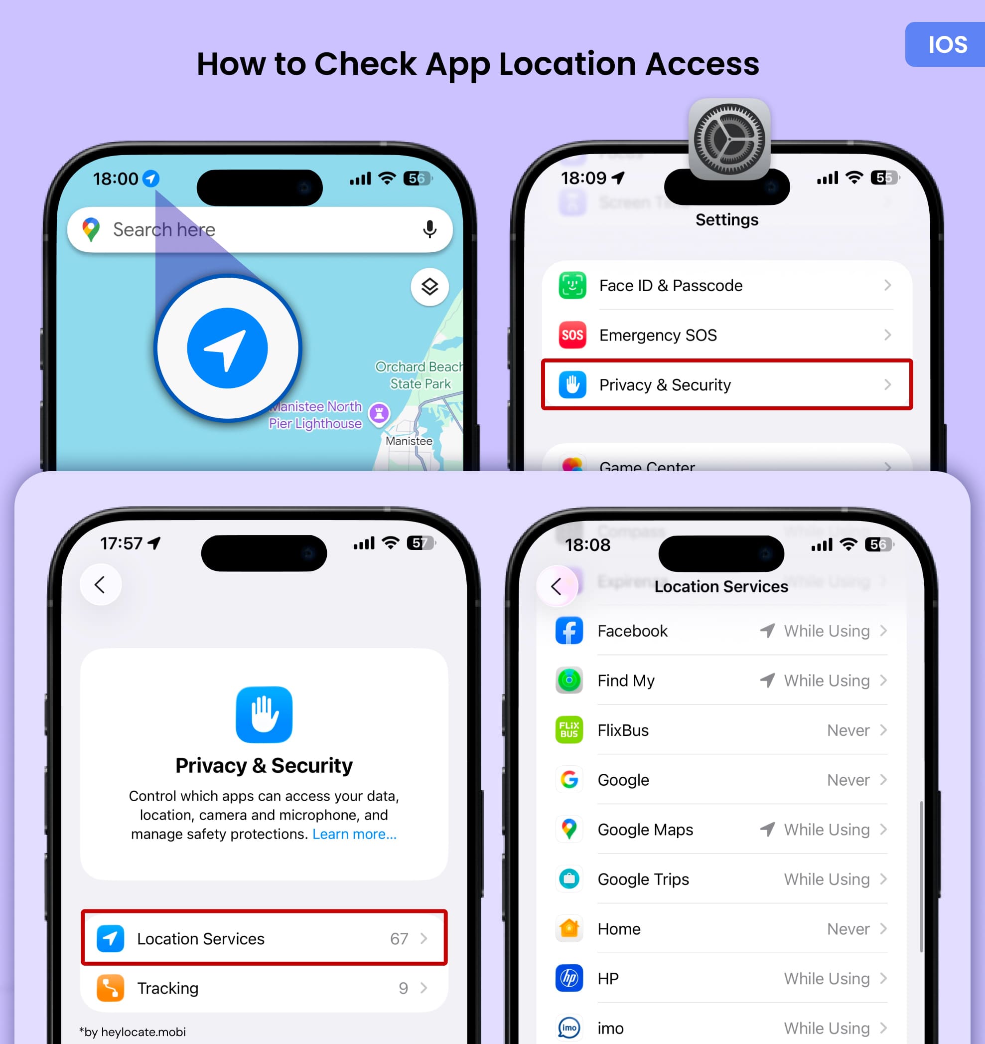 Displaying the location icon and setting Location Services for apps (in Settings - Privacy & Security).