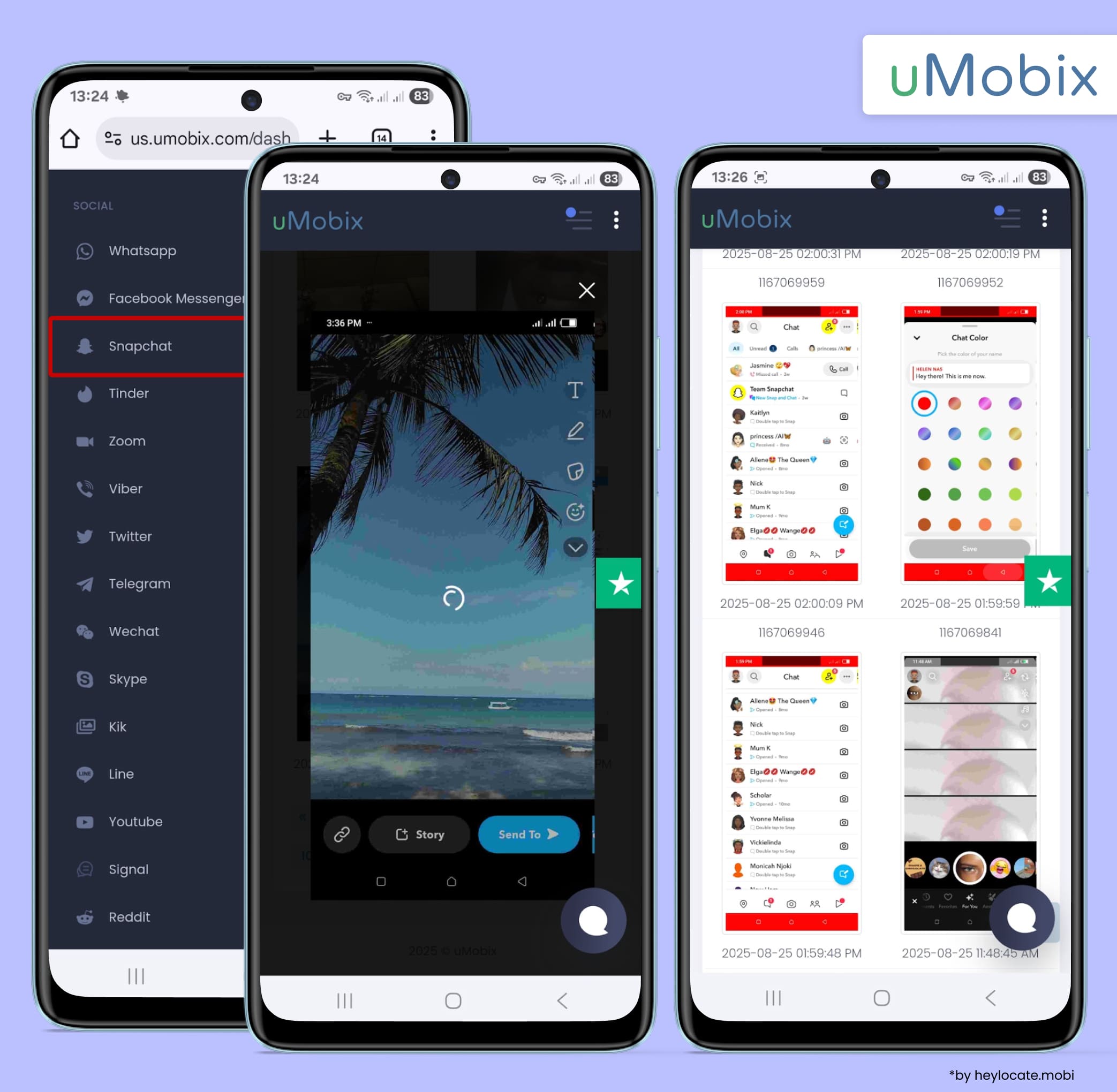 uMobix control panel with Snapchat monitoring, including viewing the screen of the tracked phone and saved activity snapshots.