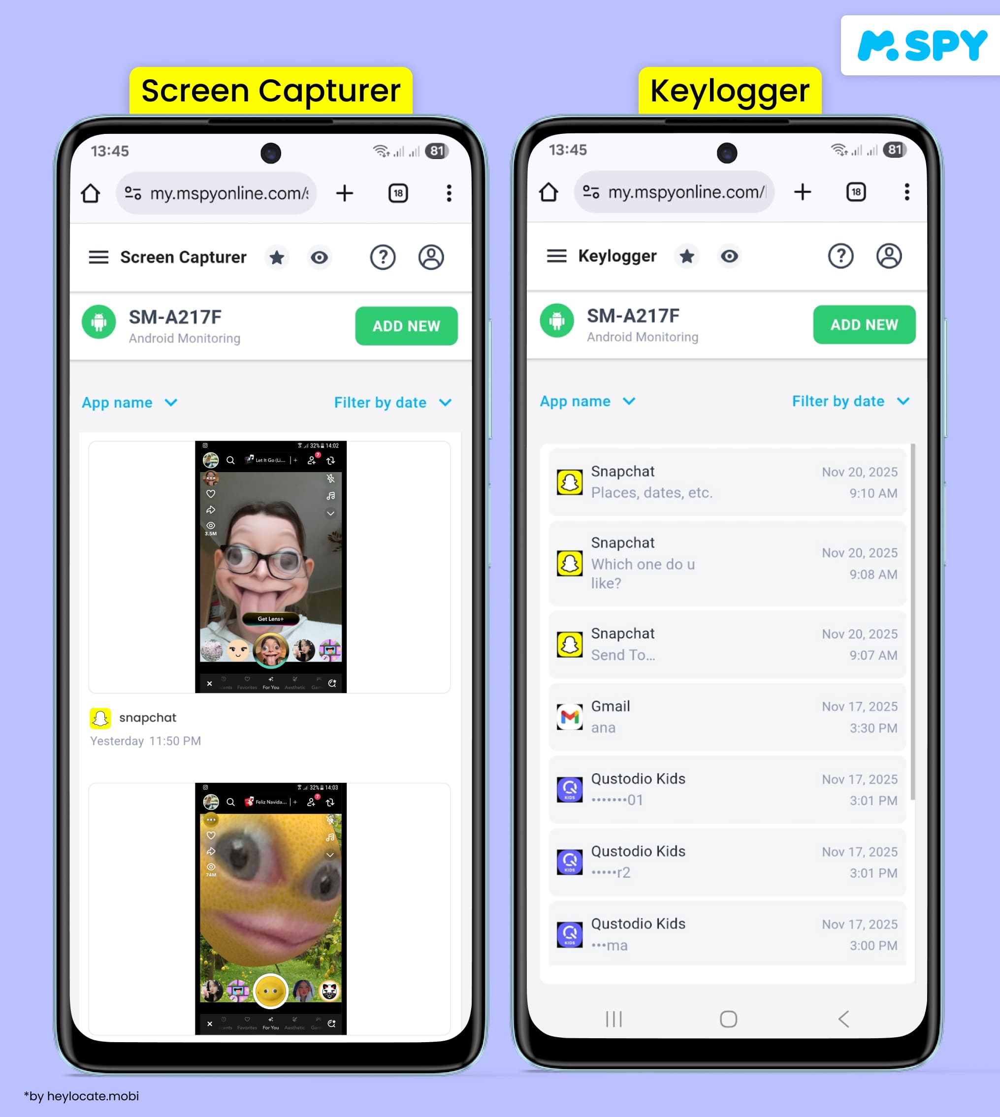 Screen Capturer and Keylogger tabs in the mSpy panel, with messages and screenshots.