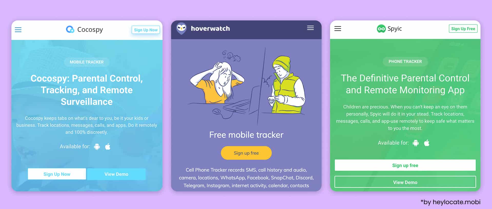 Cocospy, Hoverwatch, and Spyic interfaces, services for parental control, phone monitoring, and activity tracking.