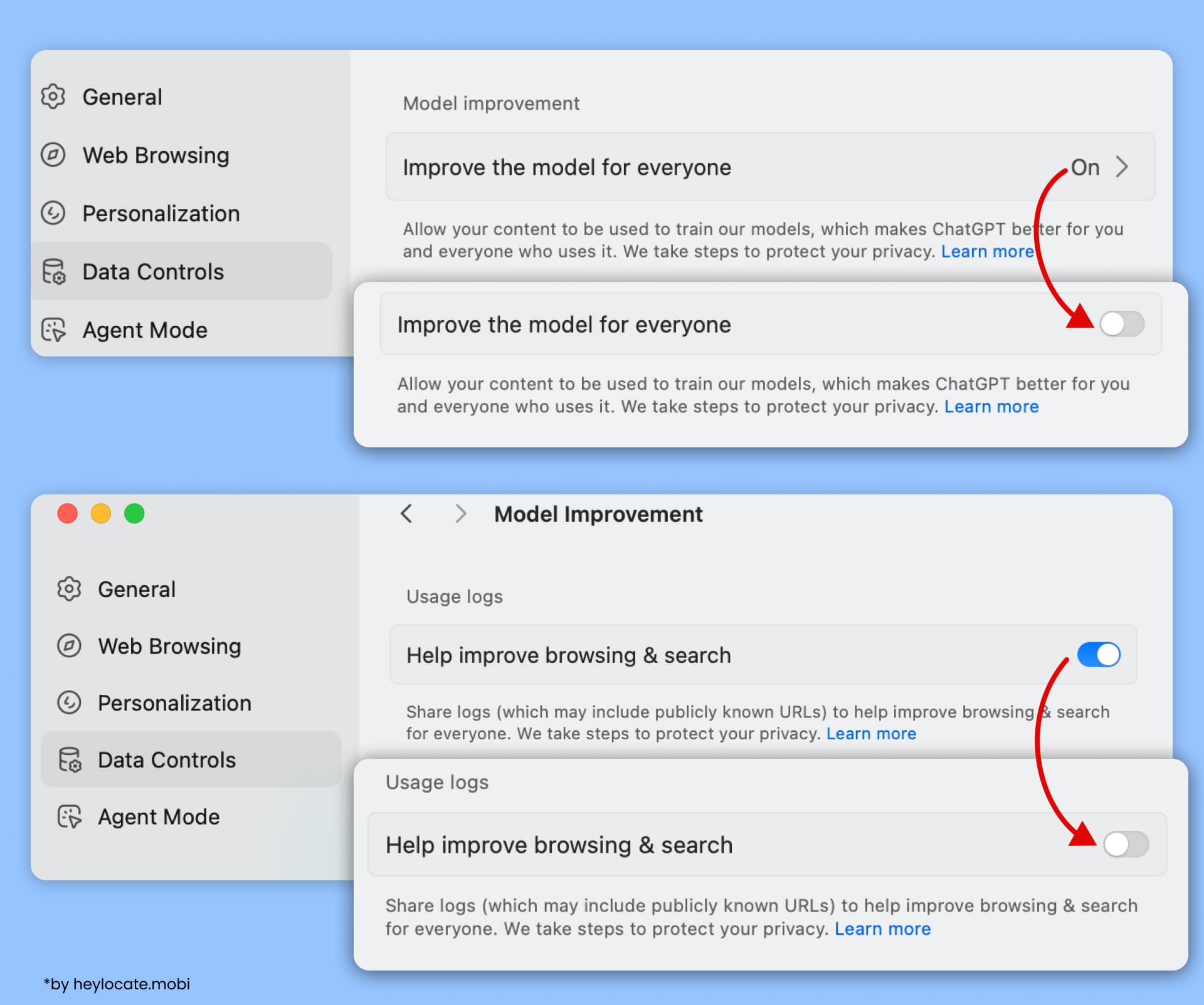 Disable the “Improve the model for everyone” and “Help improve browsing & search” options in Data Controls.